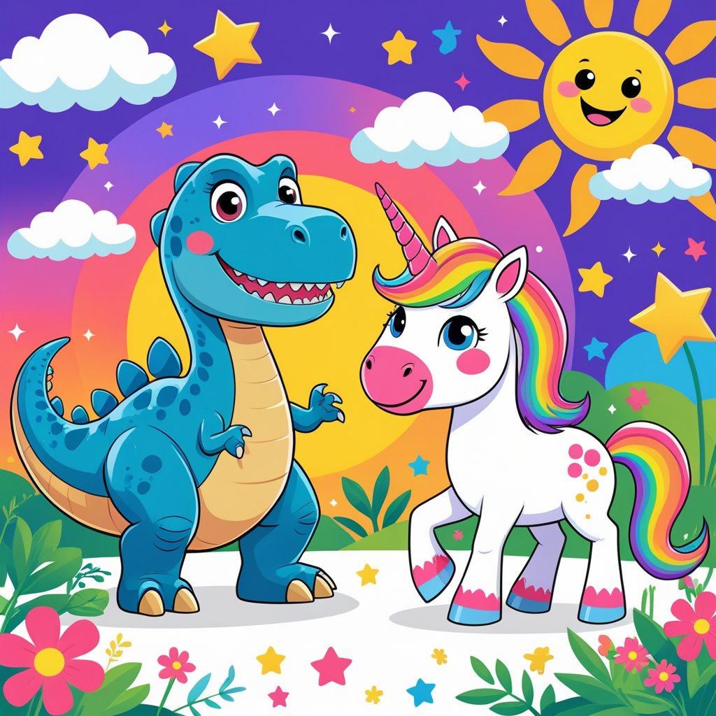 Fully colored big dinosaur, unicorn, and smiling sun coloring sheets for kids, free printable fun