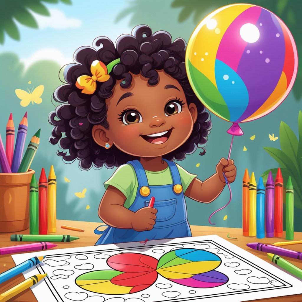 Cute Black girl coloring page printable with curly hair holding a balloon, fully colored cartoon sheet