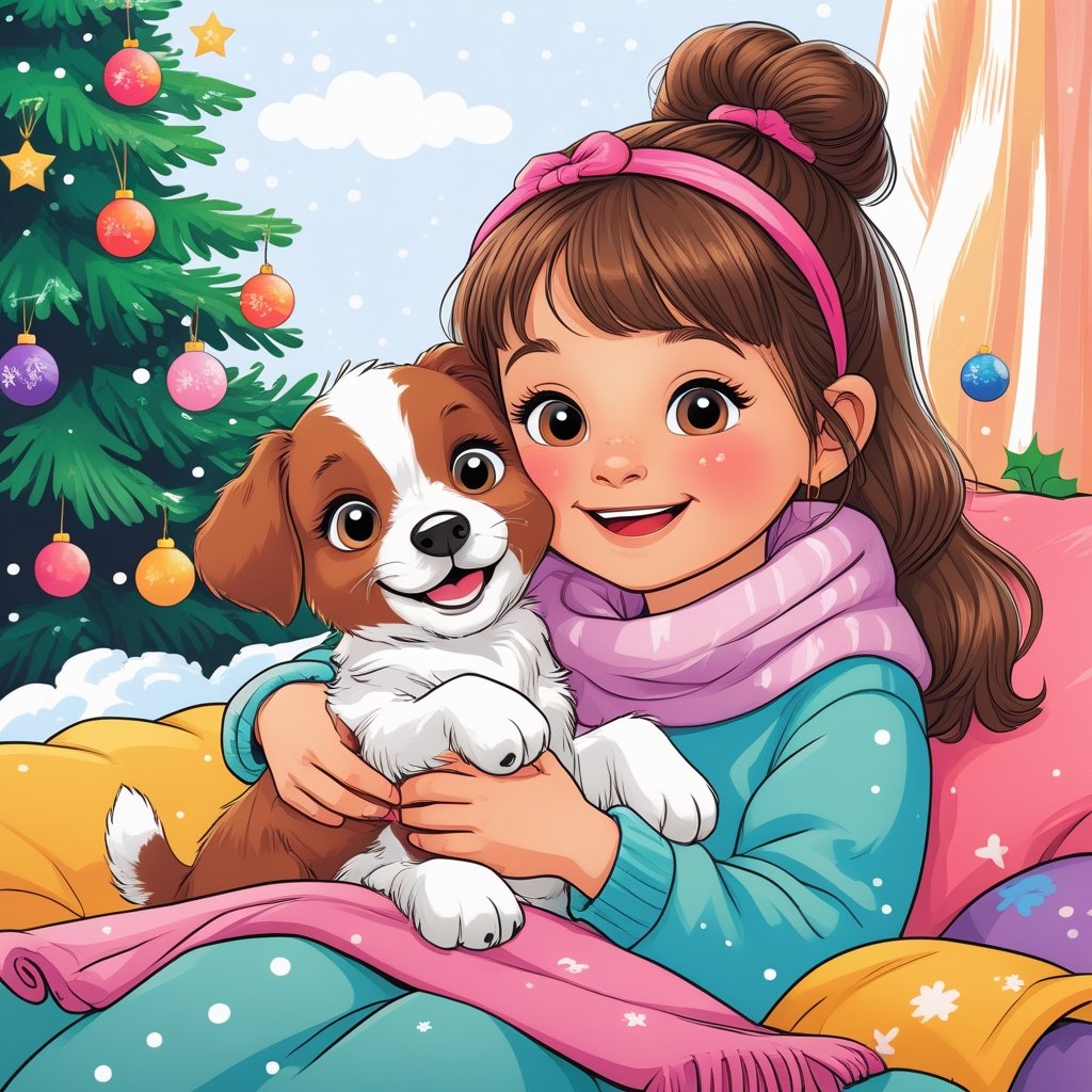 Cozy pet cuddle coloring page with girl hugging a puppy printable