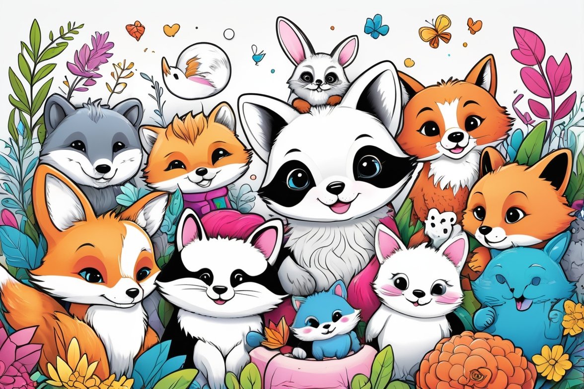 Colorful kawaii animal coloring book cover featuring cute fox, bunny, kitten, panda, hedgehog, and owl in a fun kid-friendly illustration