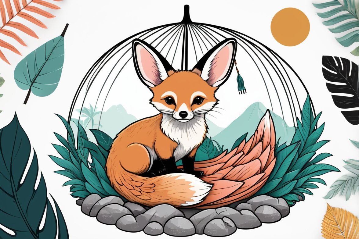 Boho fennec fox isolation coloring page for kids and adults printable
