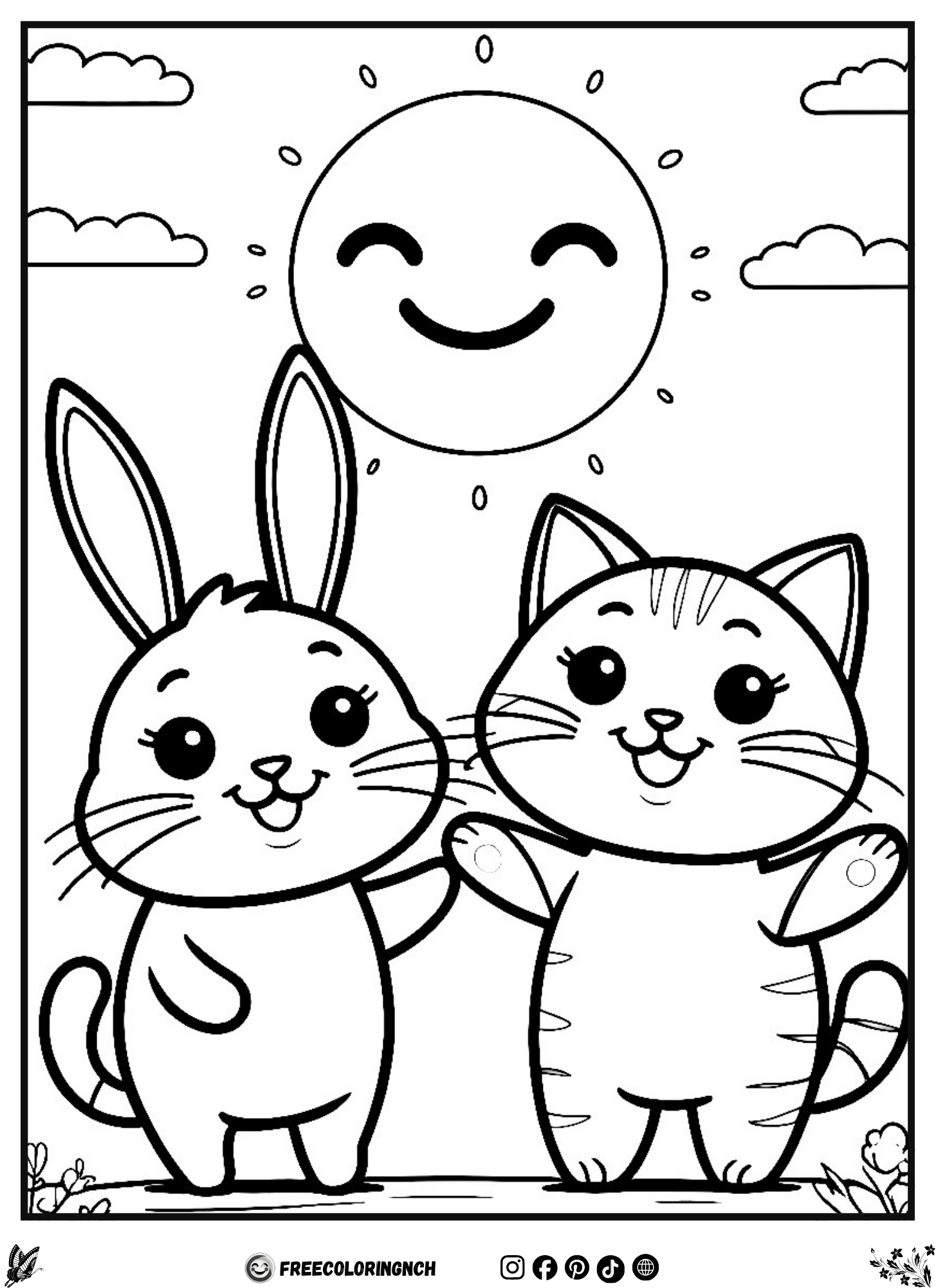 Bunny and Cat with Sun Coloring Sheet - Homeschool Printable