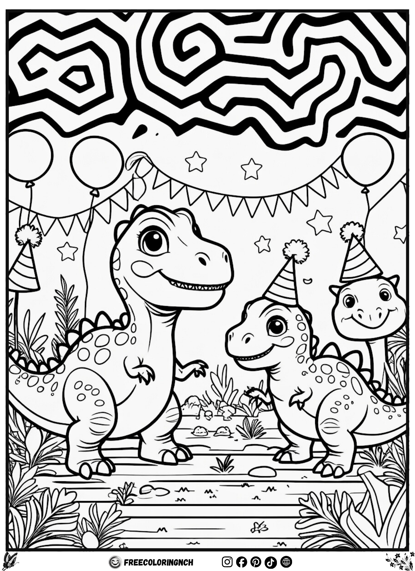 Dino Party Optical Illusion coloring for kids, free printable sheet