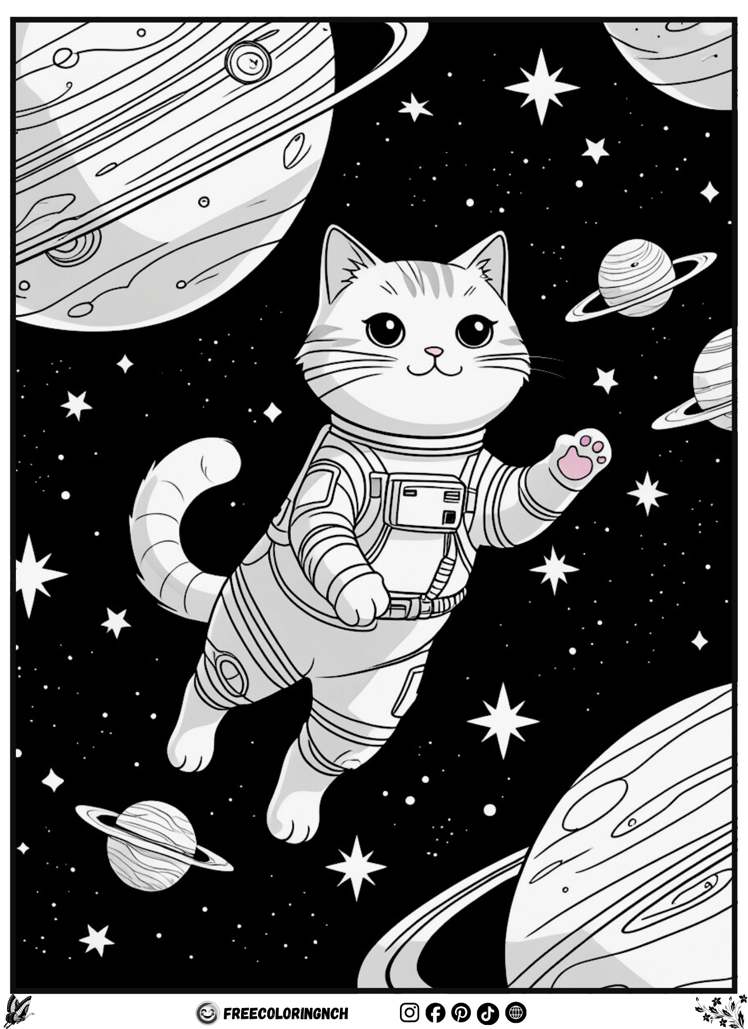 Space Cat Optical Illusion coloring for kids, free printable sheet