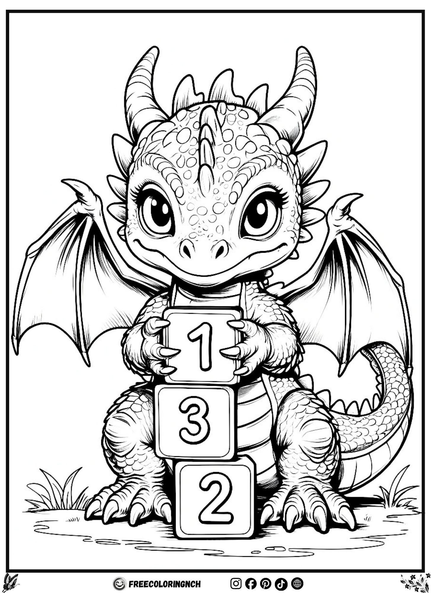 Dragon Number Coloring Page, Learning Printable