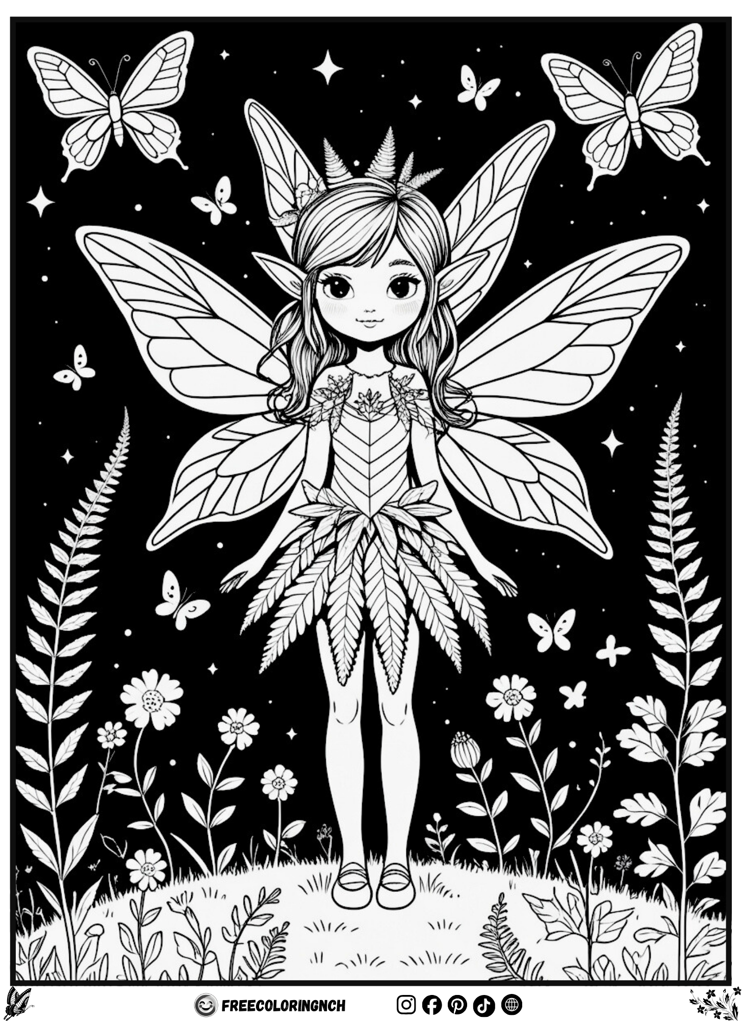 Fern fairy botanical coloring page free printable