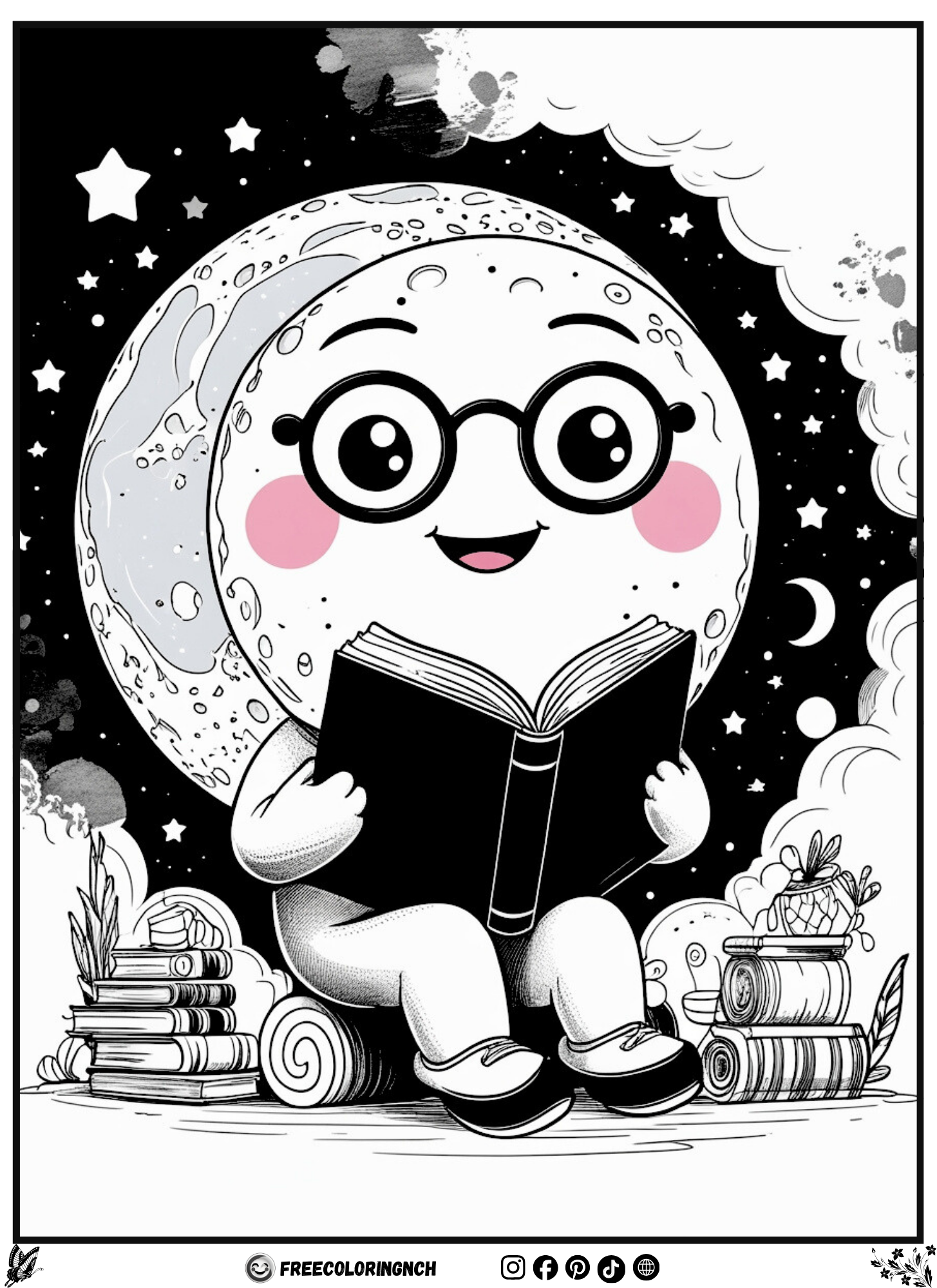Moon reading a book coloring page, cute shooting star style, free printable