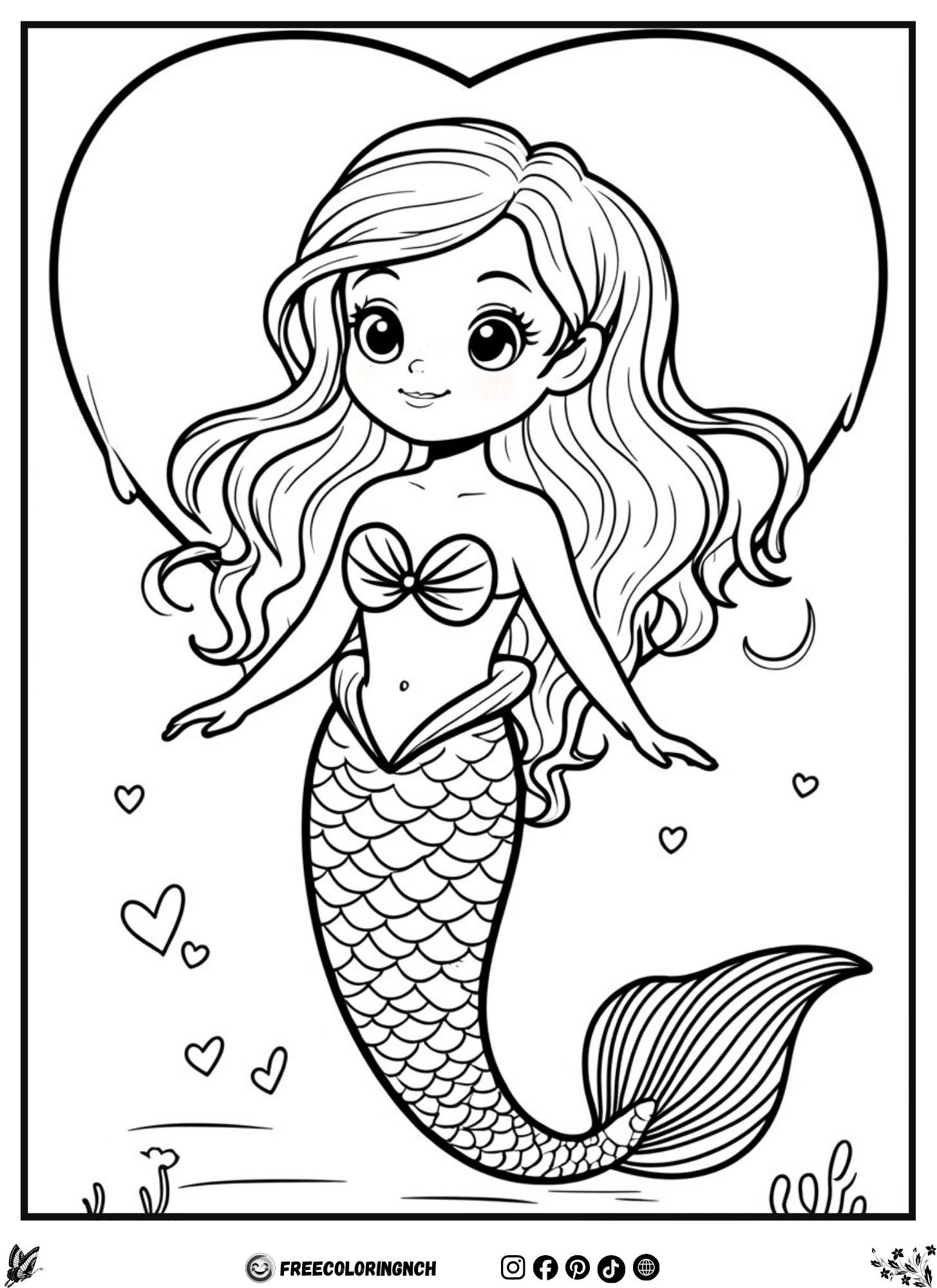 Kawaii Mermaid Valentine - Valentines Day Coloring pages free printable