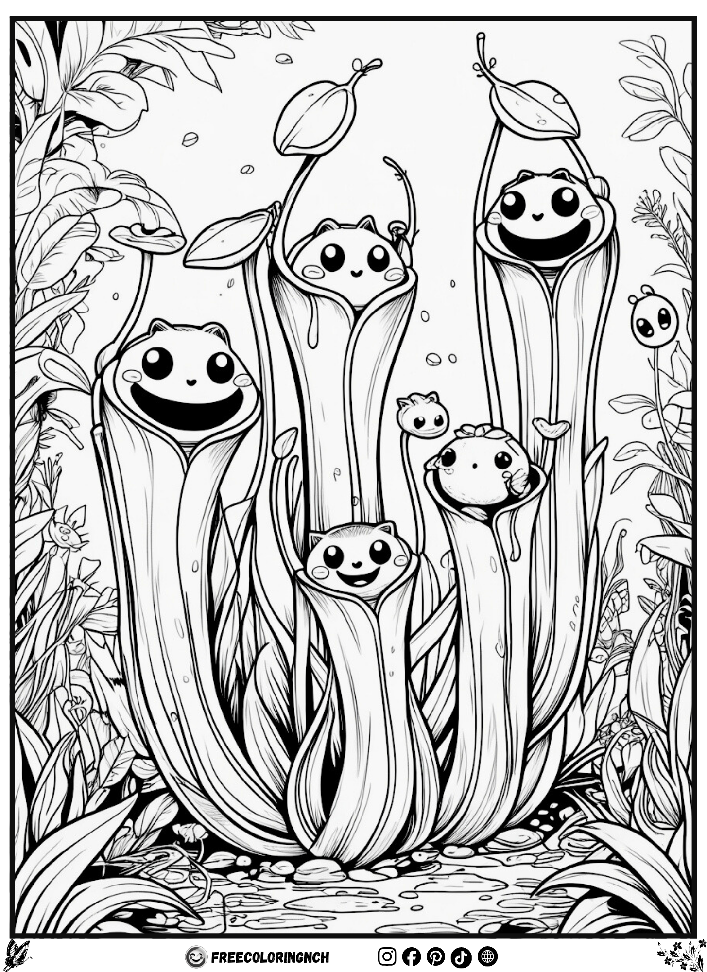 Kawaii pitcher plants botanical coloring sheet free printable