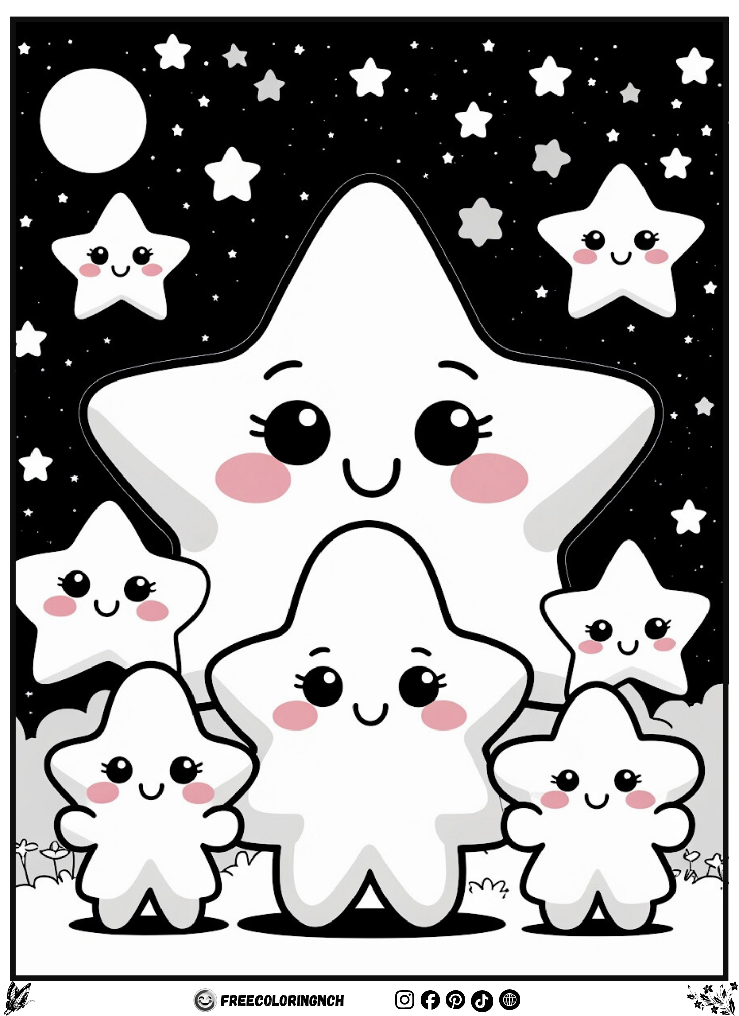 Kawaii star family coloring page, cute style, free printable for kids