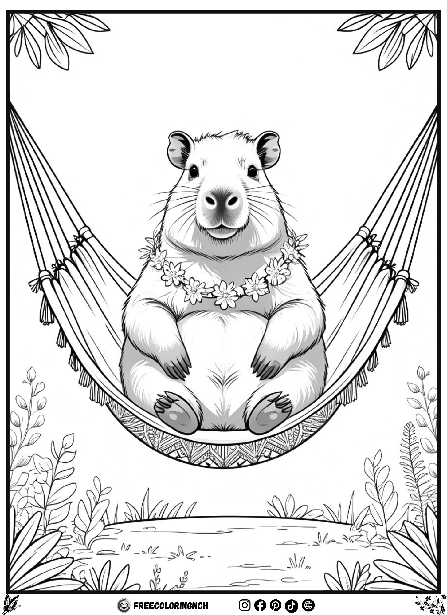 Boho capybara hammock isolation coloring page printable