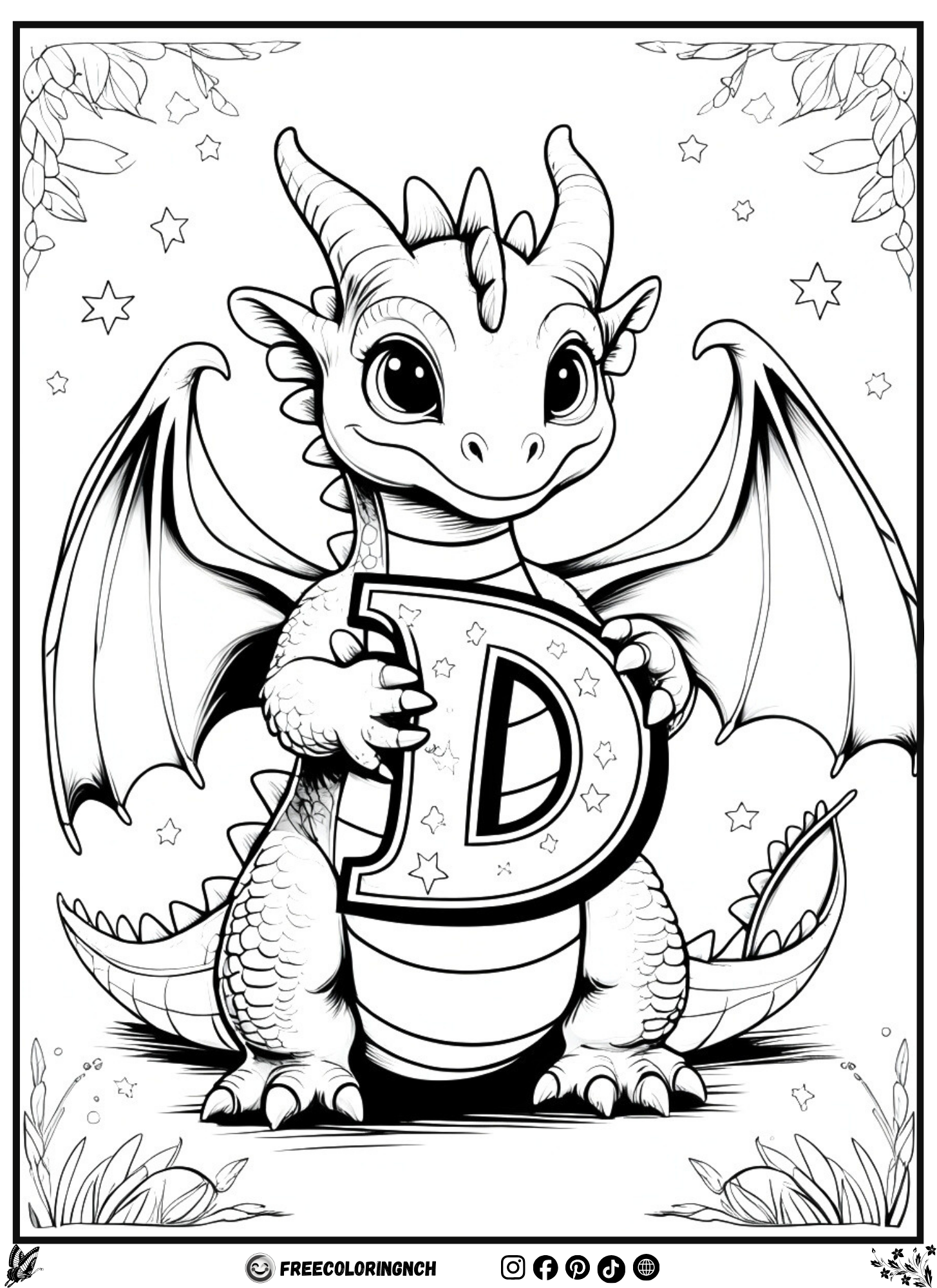 Letter D Dragon alphabet for coloring page for kids - free printable