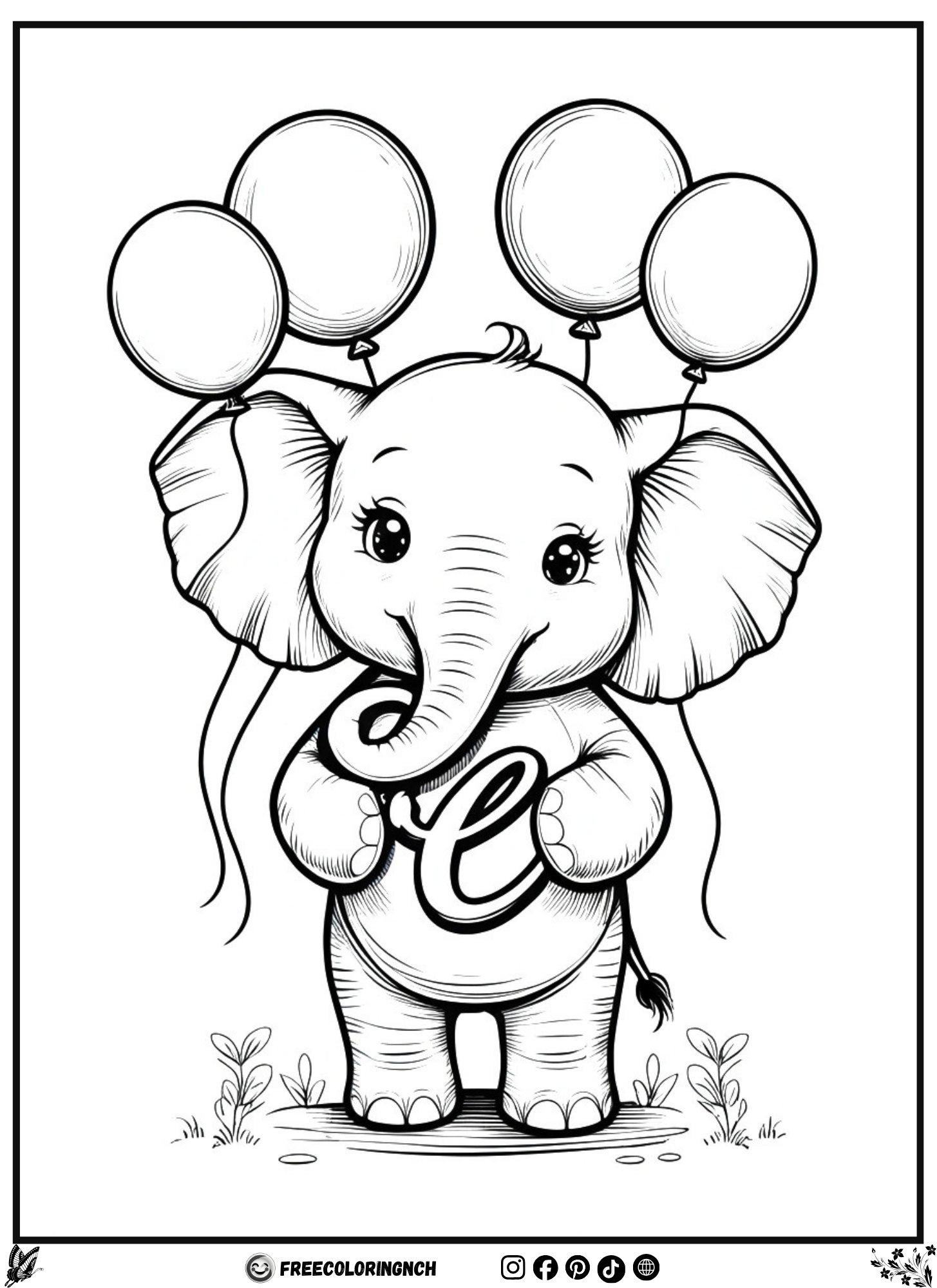 Letter E Elephant alphabet for coloring page for kids - free printable