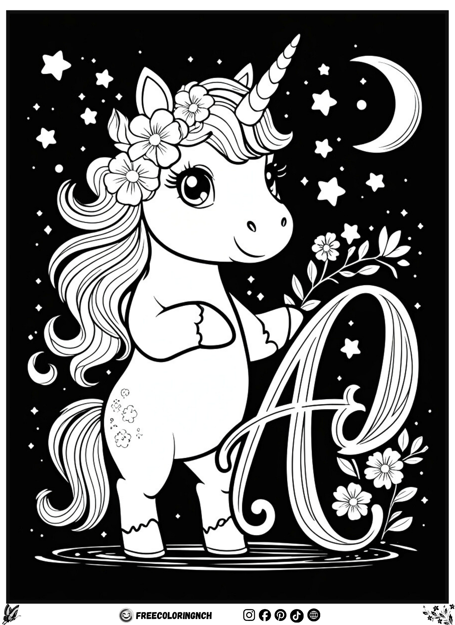Letter A unicorn alphabet for coloring page free printable for kids
