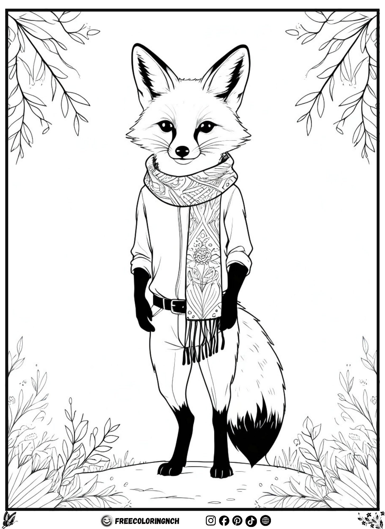 Boho fennec fox isolation coloring page printable