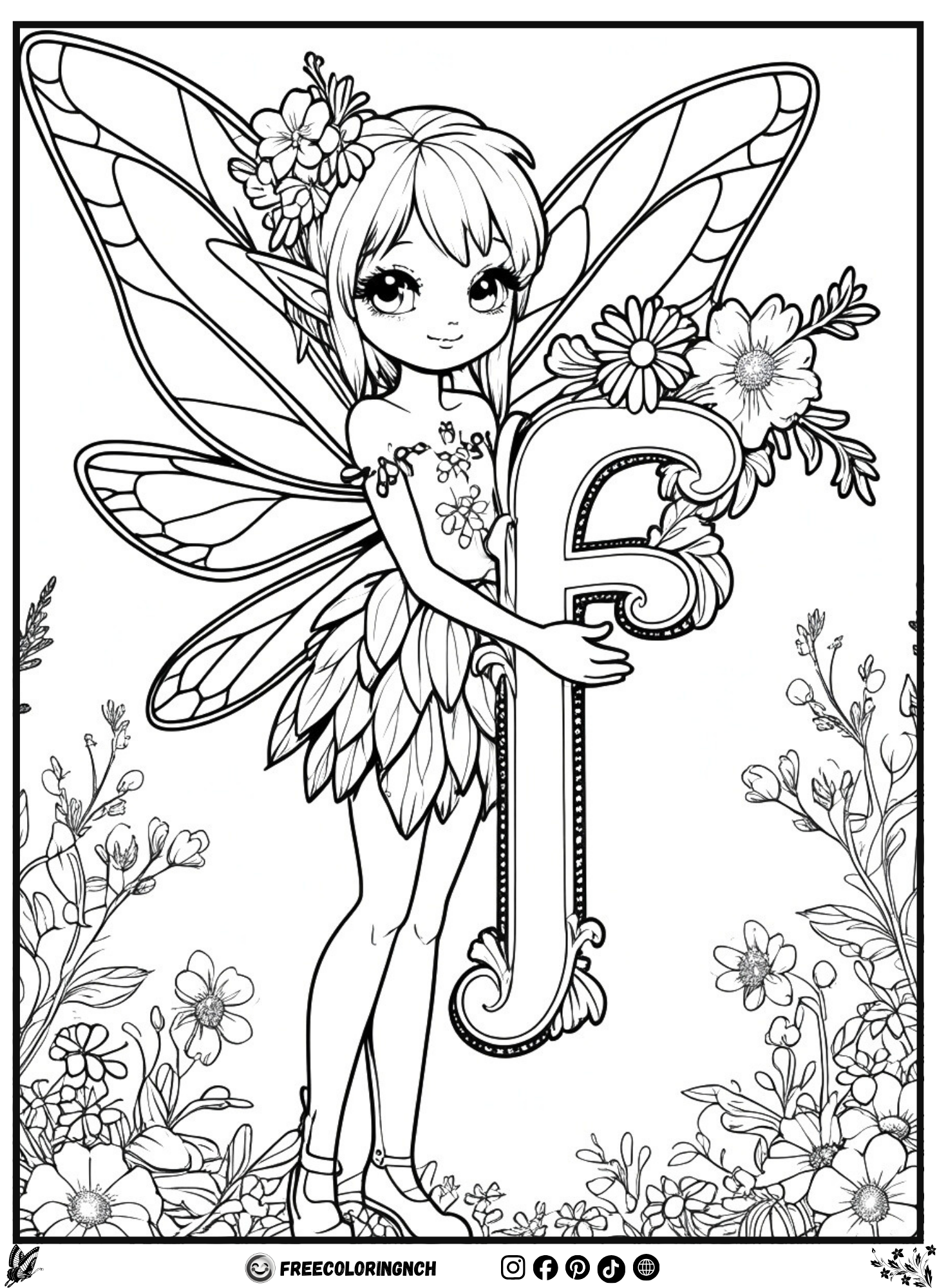 Letter F Fairy alphabet for coloring page for kids - free printable