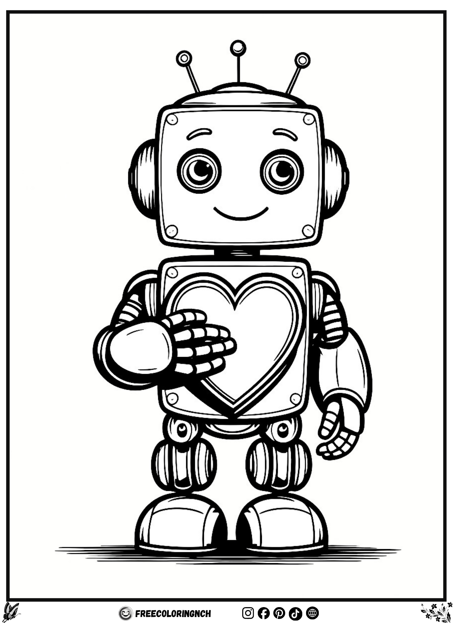 Friendly robot heart cute coloring sheet free printable for kids
