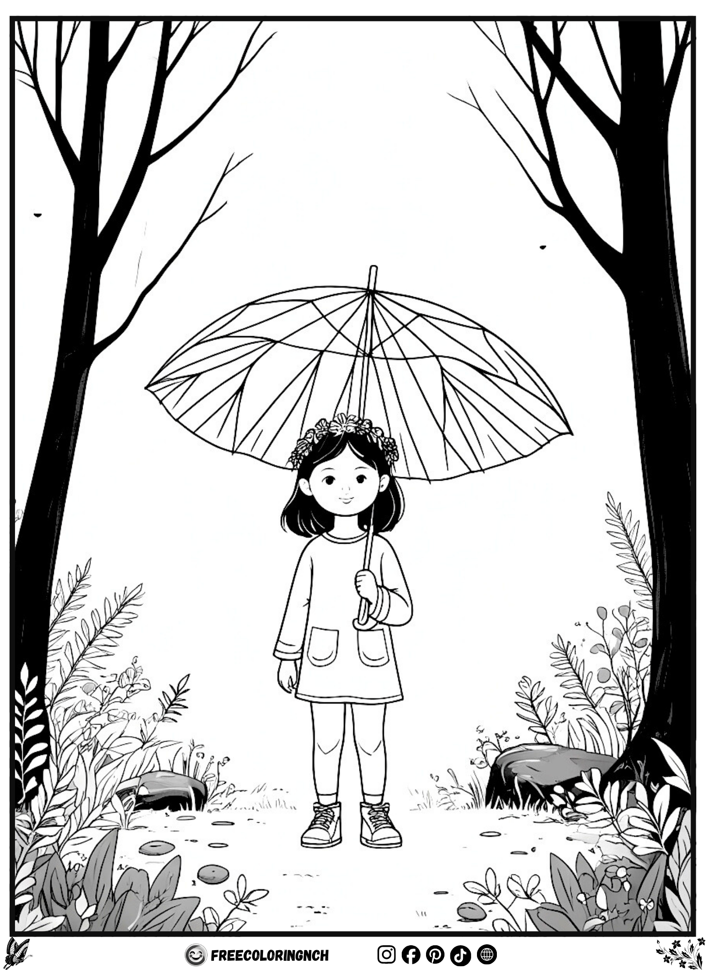 Leaf Umbrella Forest Zen Minimalist Coloring Page