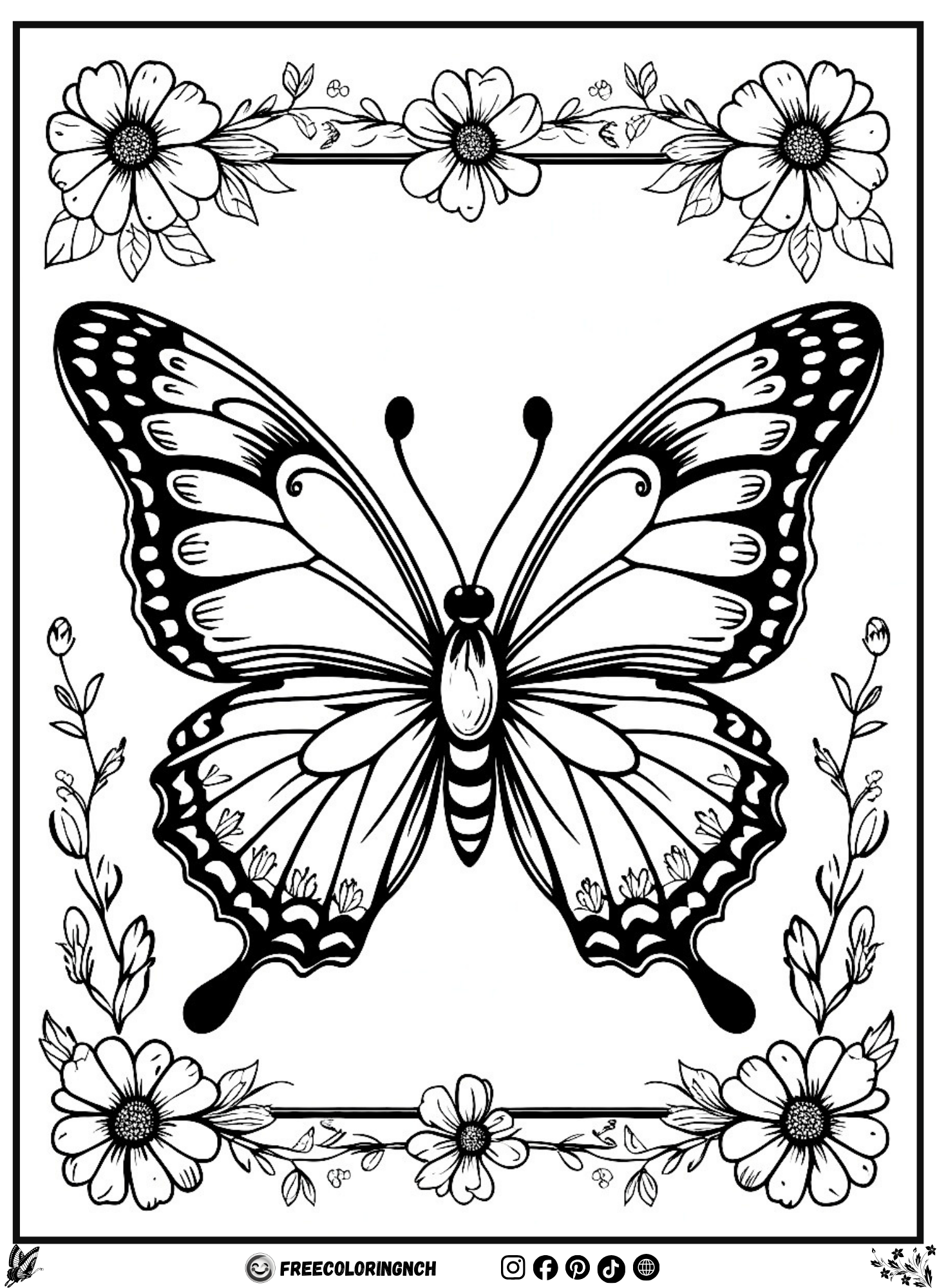 Free fun coloring sheets - Retro Floral Butterfly coloring page free printable