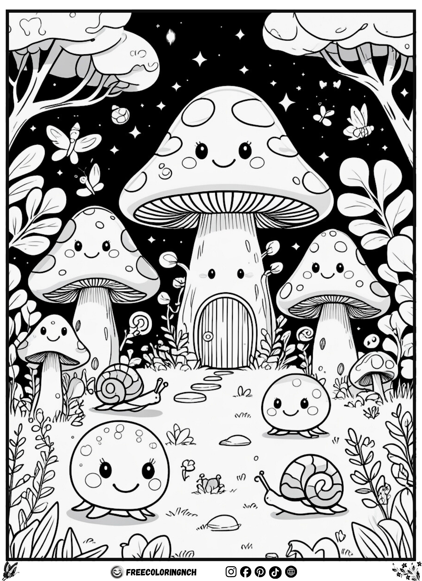 Magical mushroom village botanical coloring sheet free printable