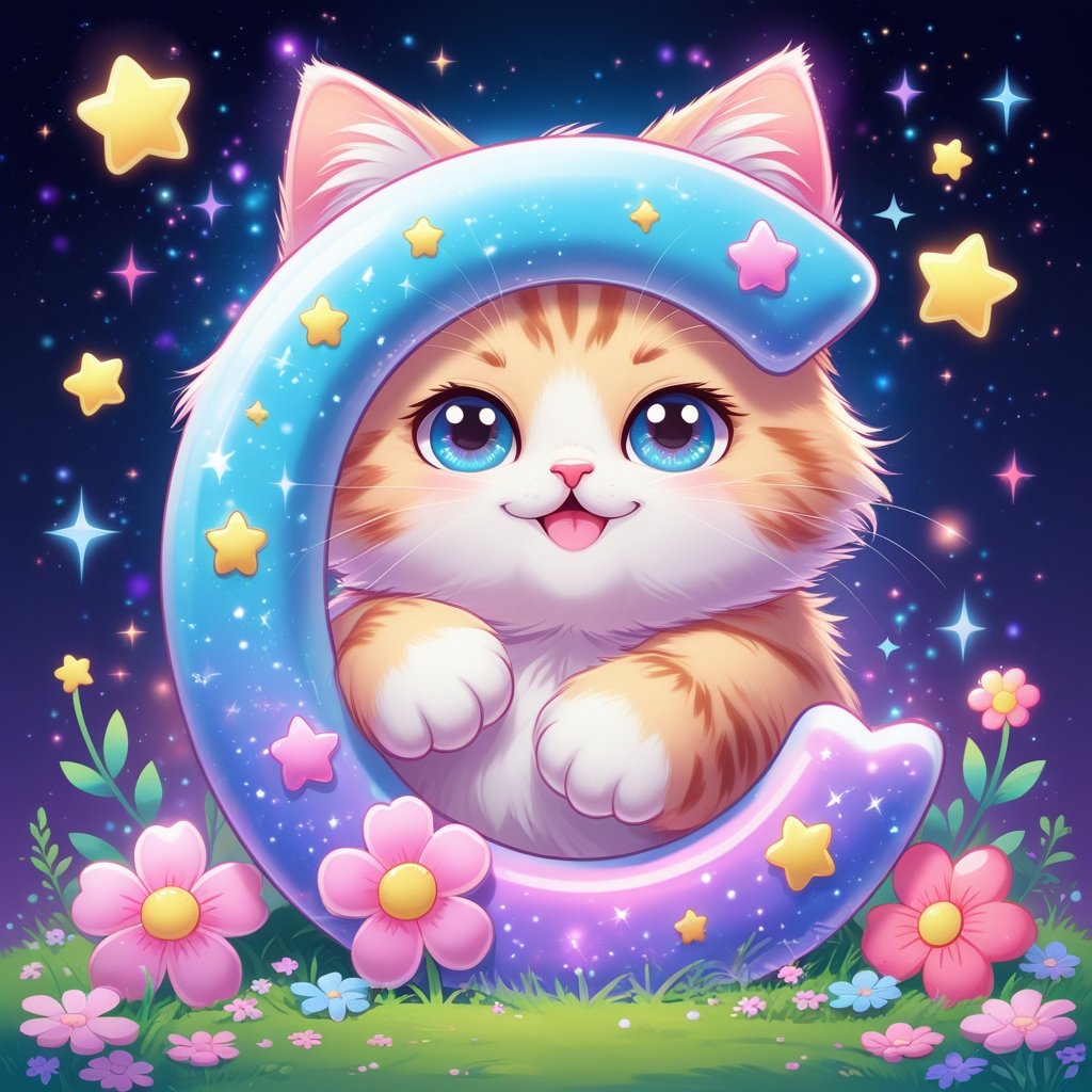 Cute kawaii cat shaped like the letter C with colorful pastel fur, big sparkling eyes, surrounded by stars and flowers.