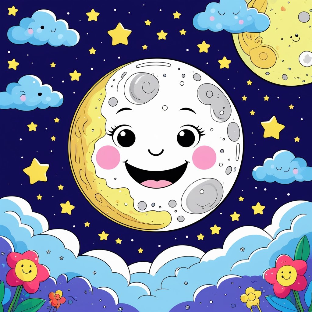 Fully colored full moon coloring page with stars and cute night sky elements for kids – FreeColoringNCH printable