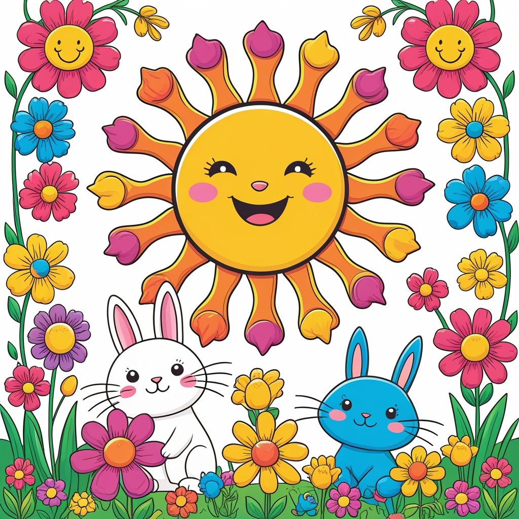 Perfectly colored animal and flower coloring sheet printable featuring a smiling sun with flowers and cute animals, ideal for preschool and homeschooling activities.