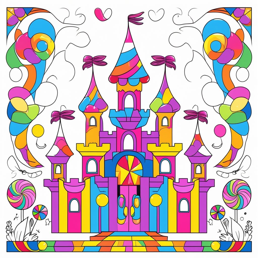 Candy Castle coloring sheet for kids, free printable, vibrant optical illusion design for fun and learning