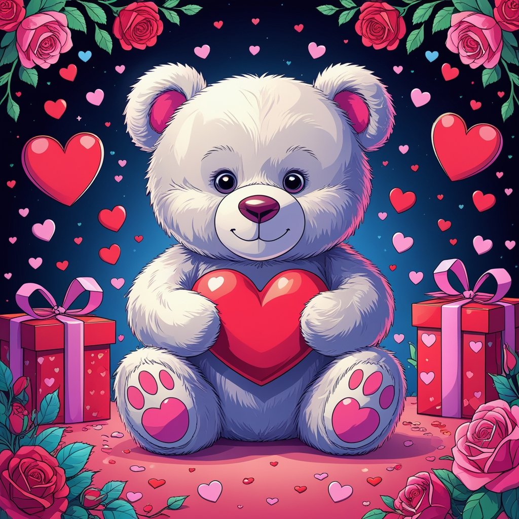 Fully colored Valentine Teddy Bear Valentines Day Coloring pages free printable sheet”