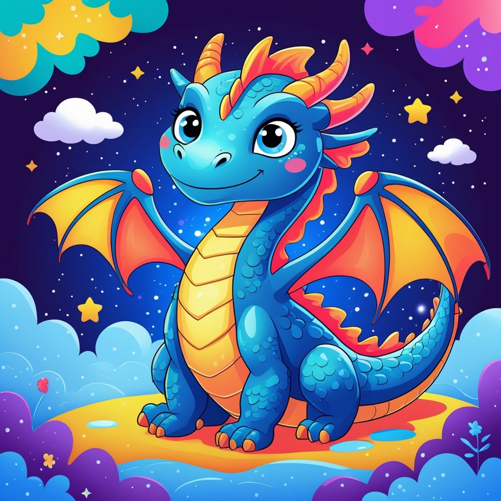 Free printable cute dragon coloring page fully colored for kids’ fantasy learning