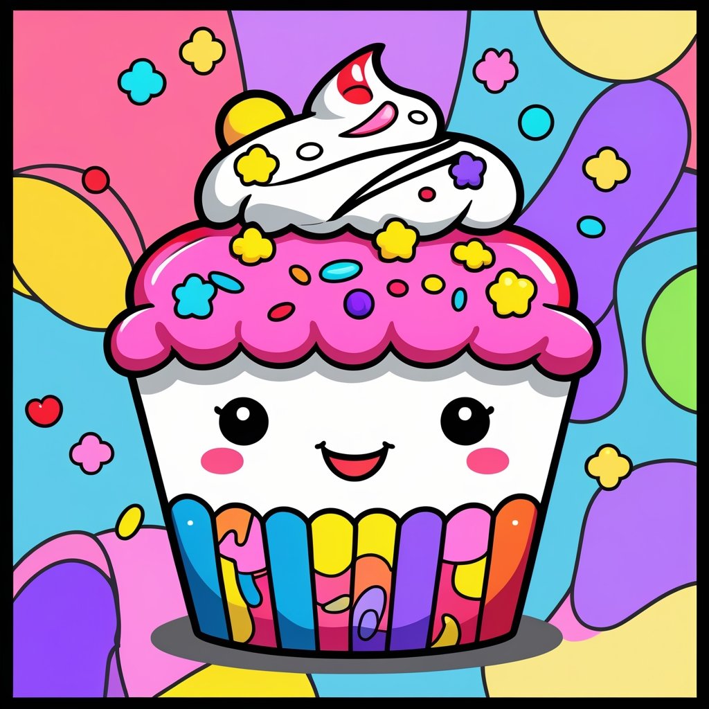 Fully colored kawaii cupcake coloring sheet for kids, bright and cheerful, perfect Kawaii coloring pages printable for preschool and elementary children