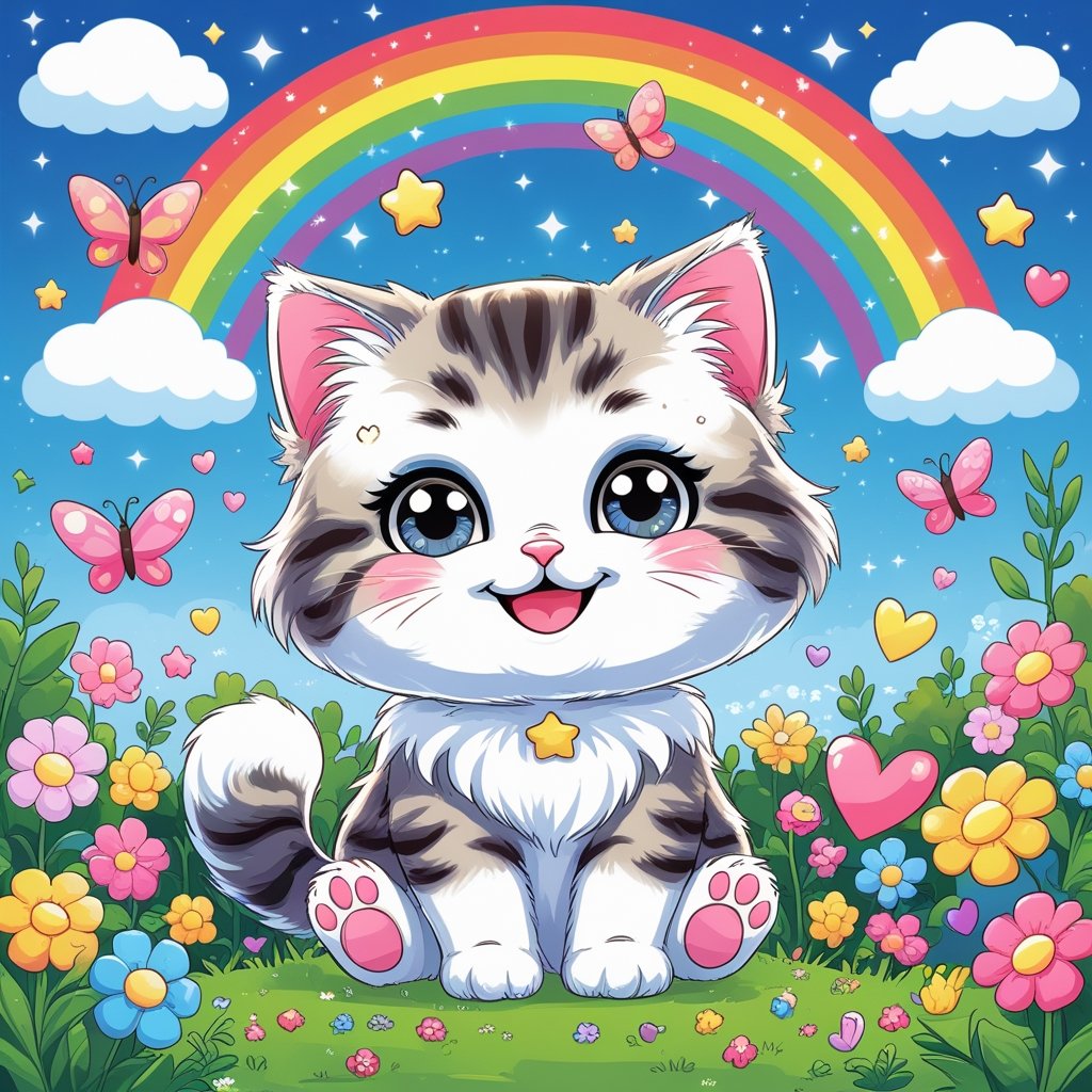 Super cute kawaii kitten sitting and smiling with big sparkling eyes and fluffy tail, surrounded by flowers, butterflies, hearts, stars and rainbow, easy printable cat coloring page for kids.
