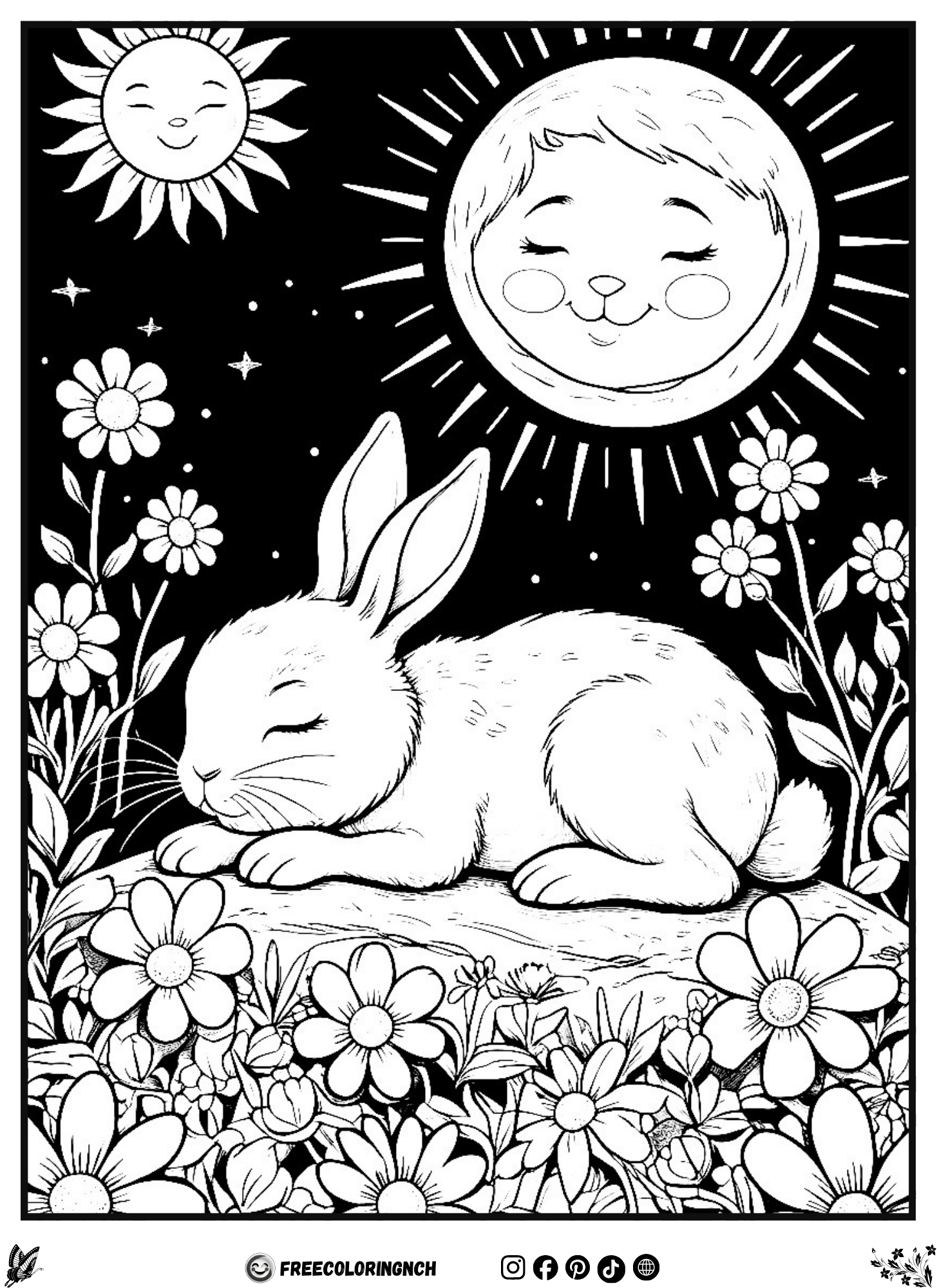 Sleeping Bunny Flower Coloring Sheet - Preschool Learning Printable