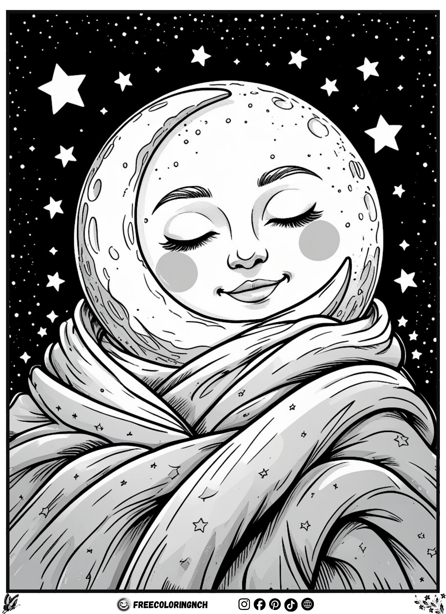 Sleeping moon coloring page for toddlers, calm and simple printable