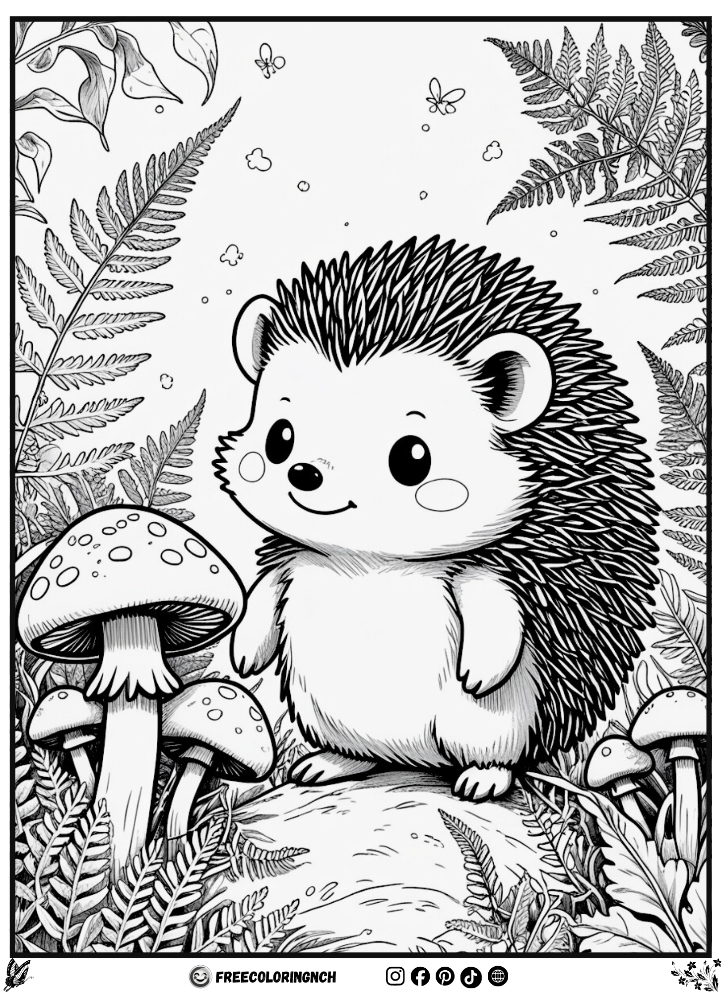 Tiny hedgehog botanical coloring page free printable