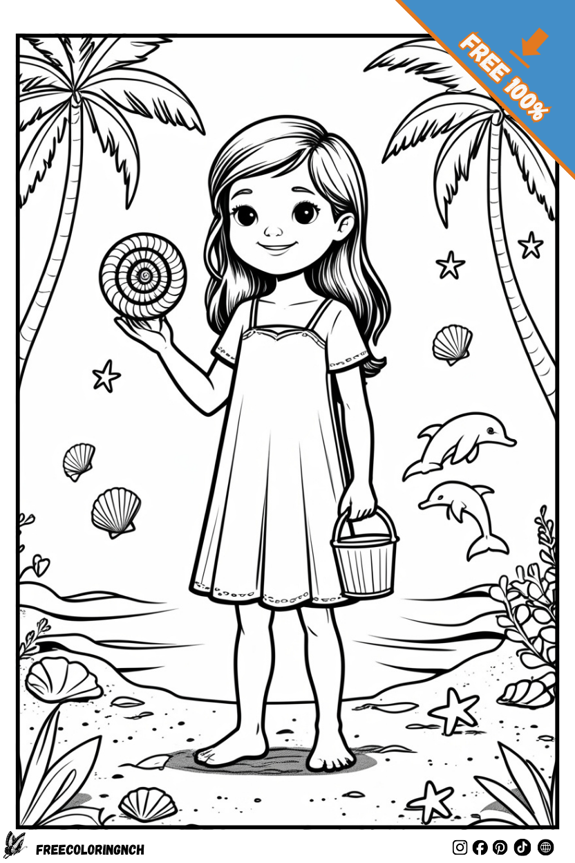 Free printable cute beach girl coloring page minimalist seashell explorer for kids