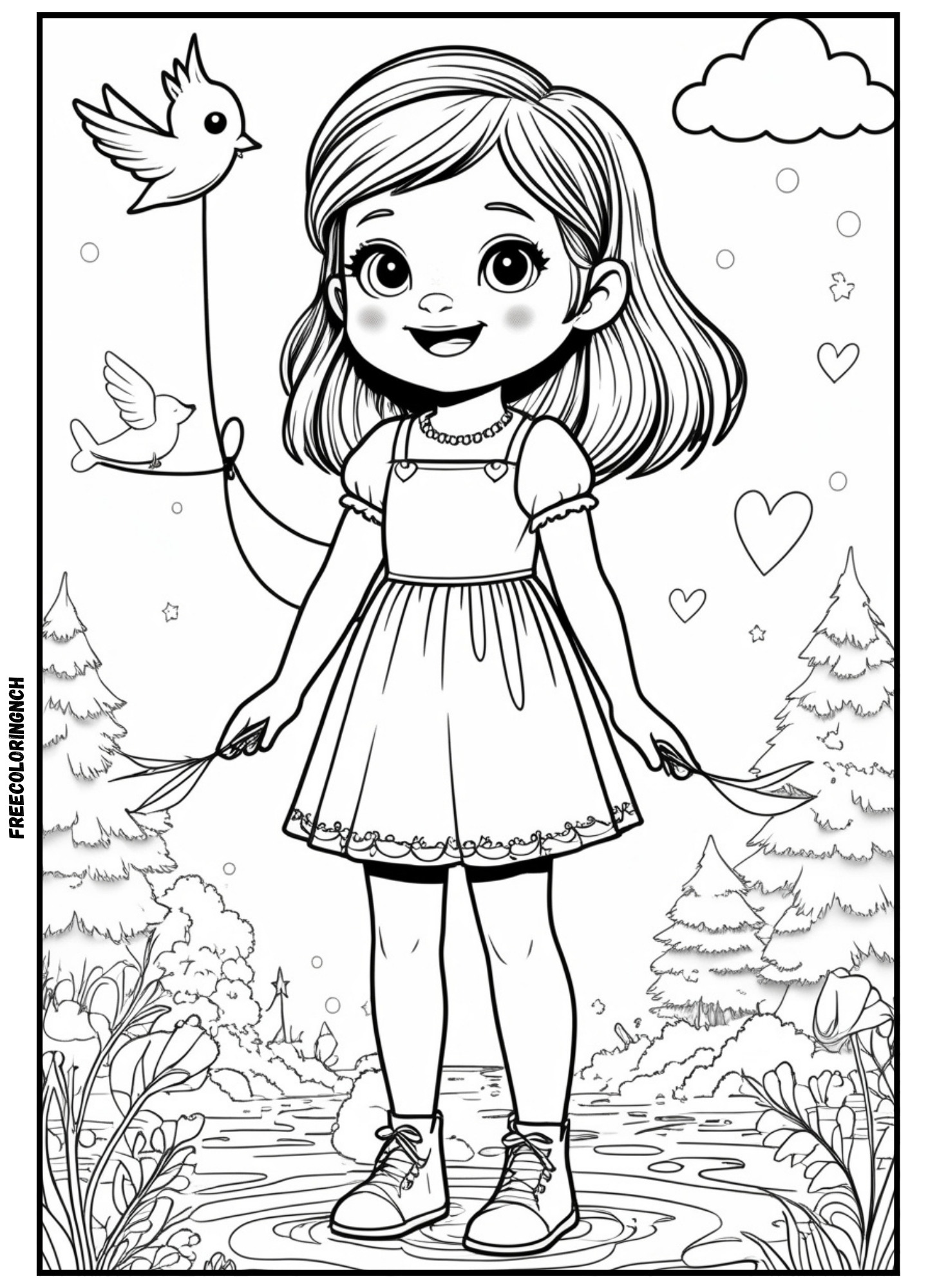 Free printable minimalist cute girl coloring page with wildflower theme