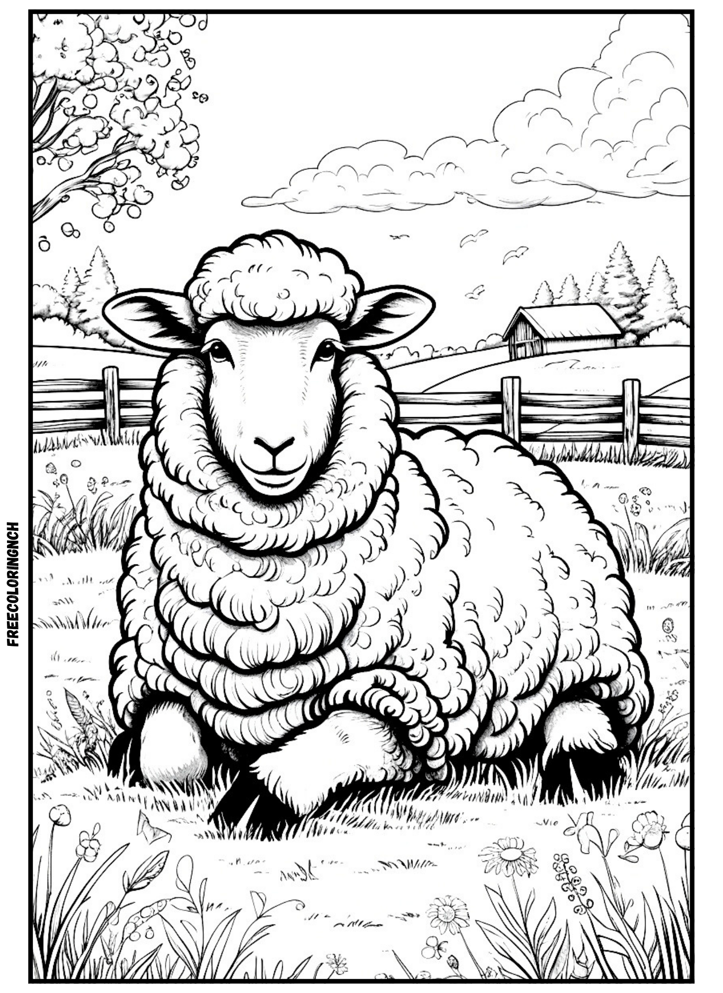 Fluffy Sheep farm animals coloring pages printable
