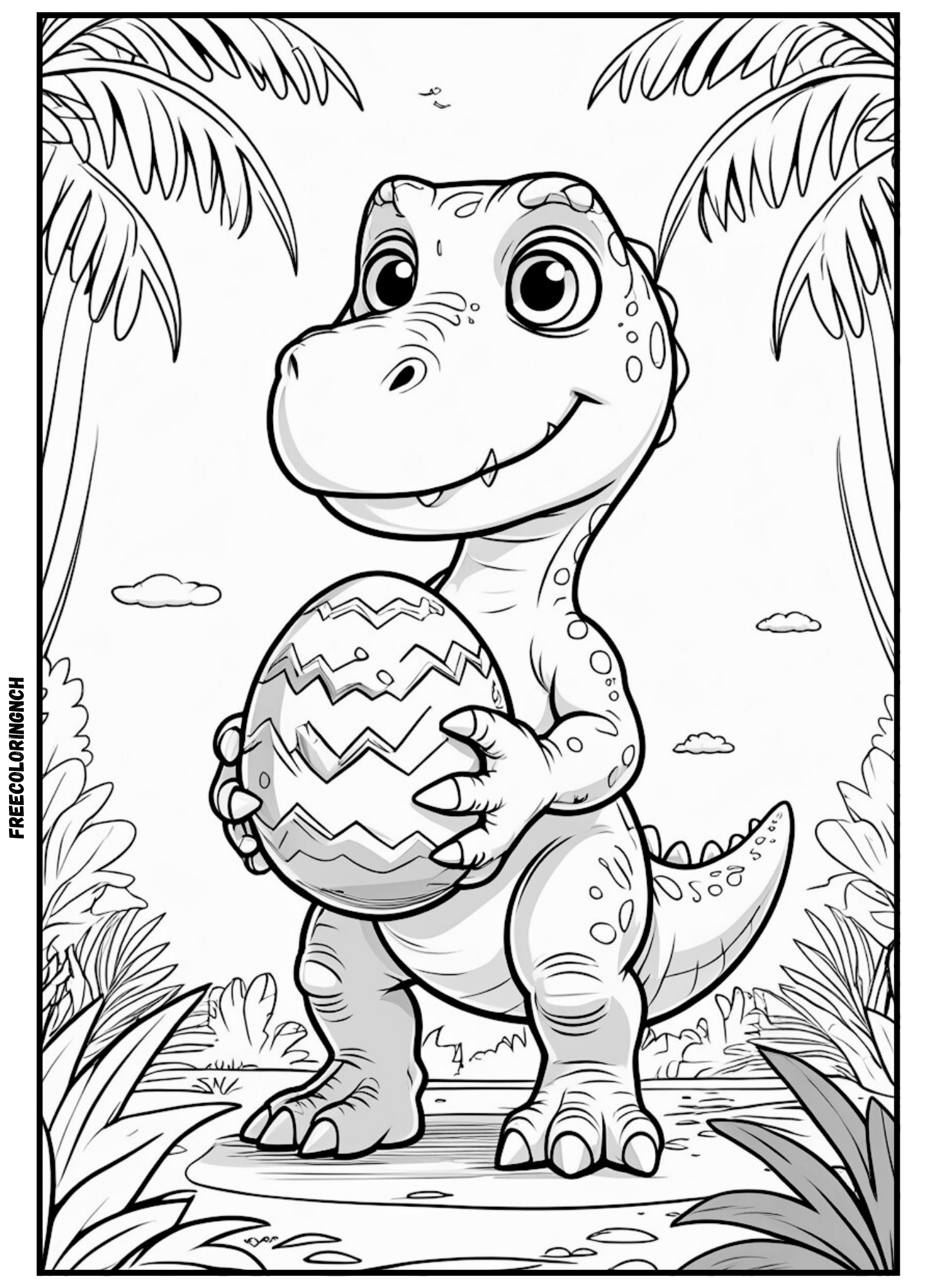 Dino Boy coloring sheets holding dinosaur egg printable page