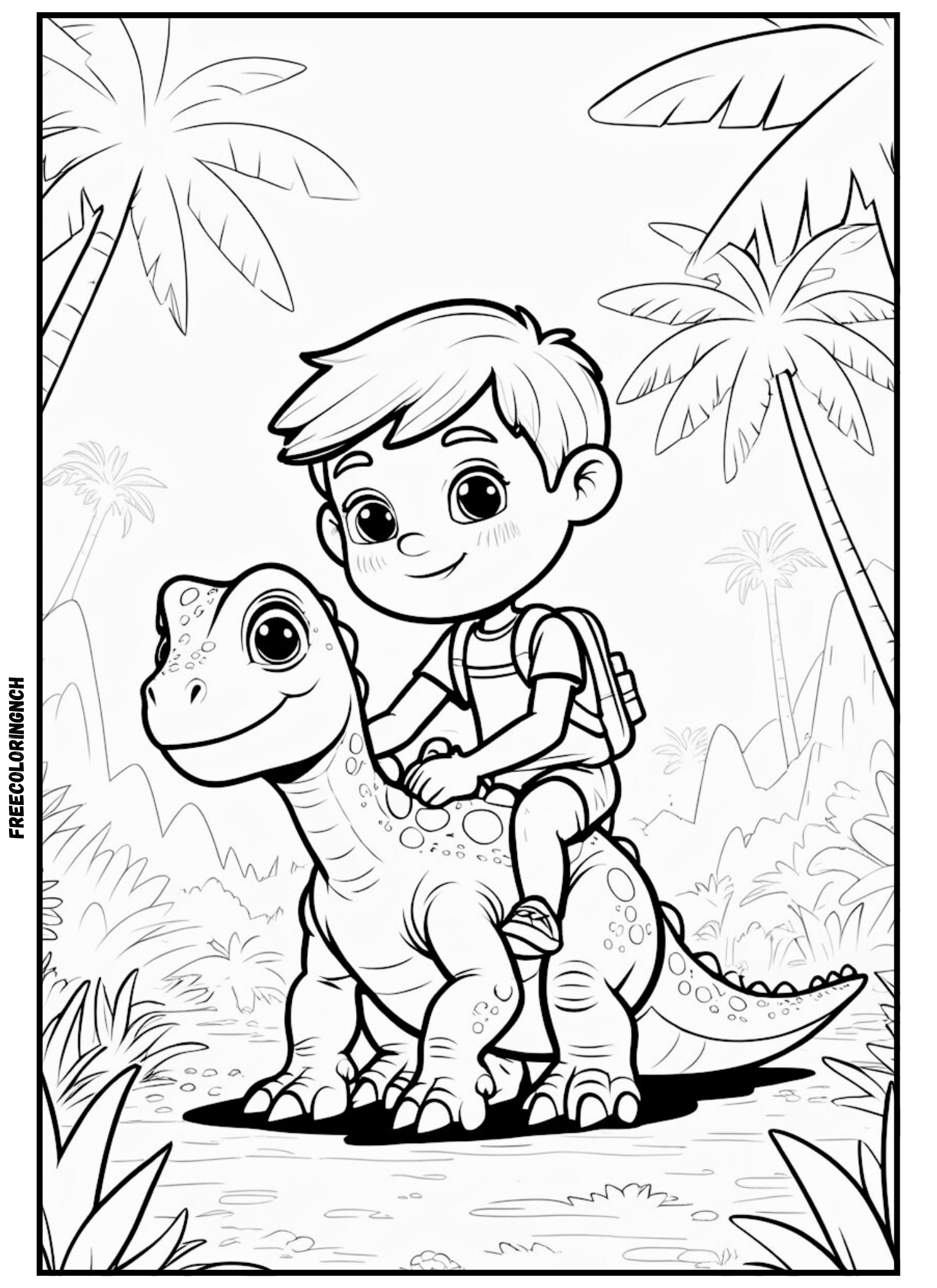 Dino Boy coloring sheet riding baby dinosaur