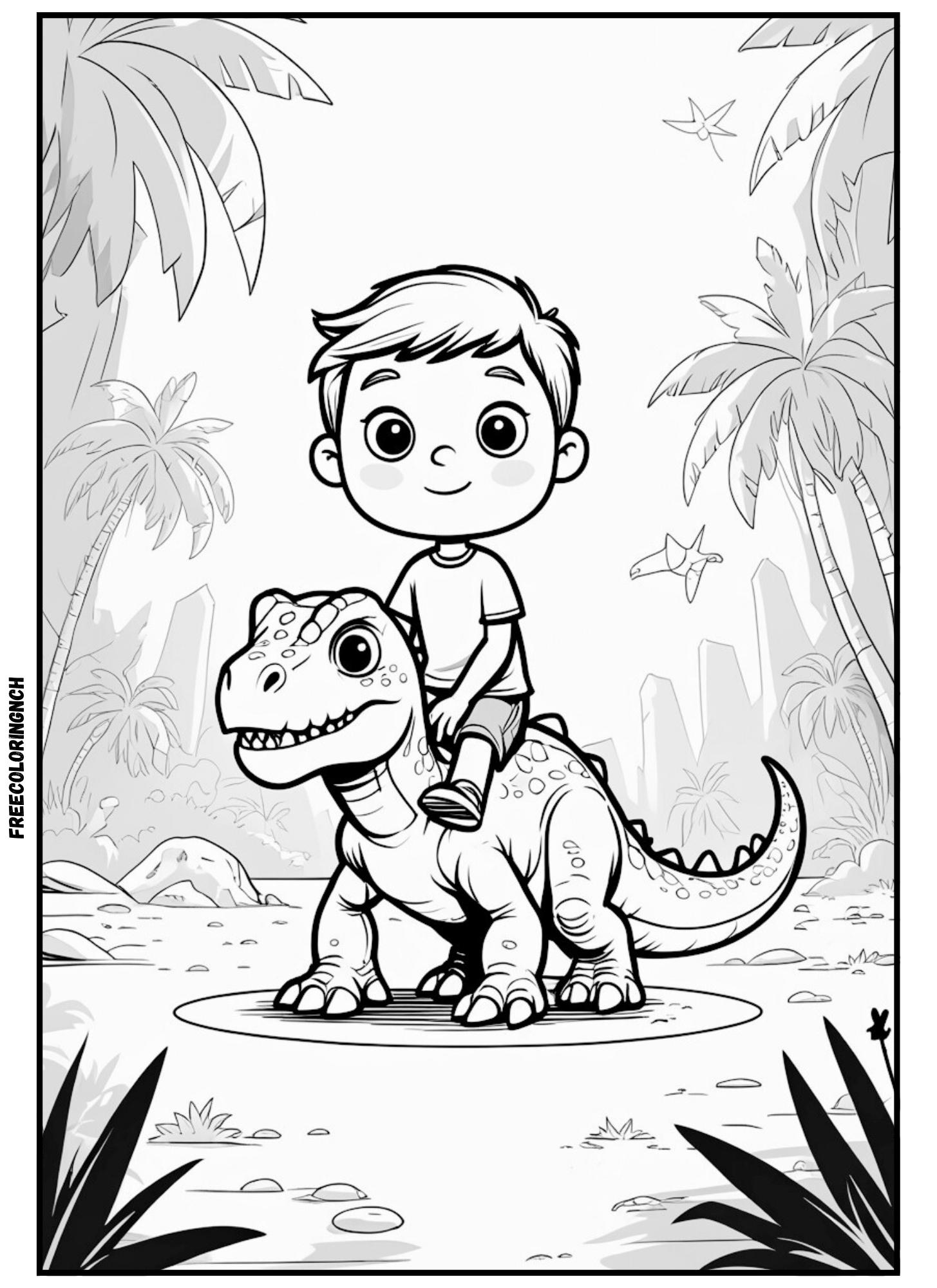 Dino Boy coloring sheet sitting on baby dinosaur