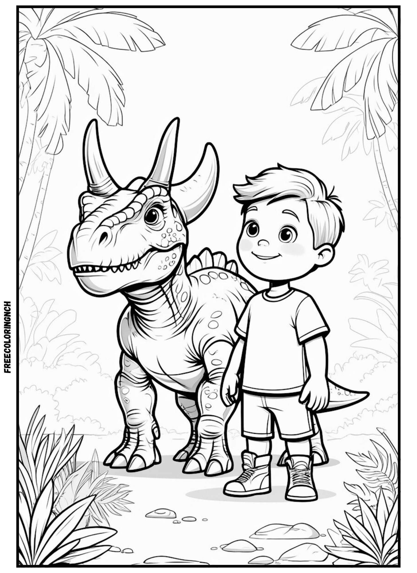 Dino Boy coloring sheet with Triceratops