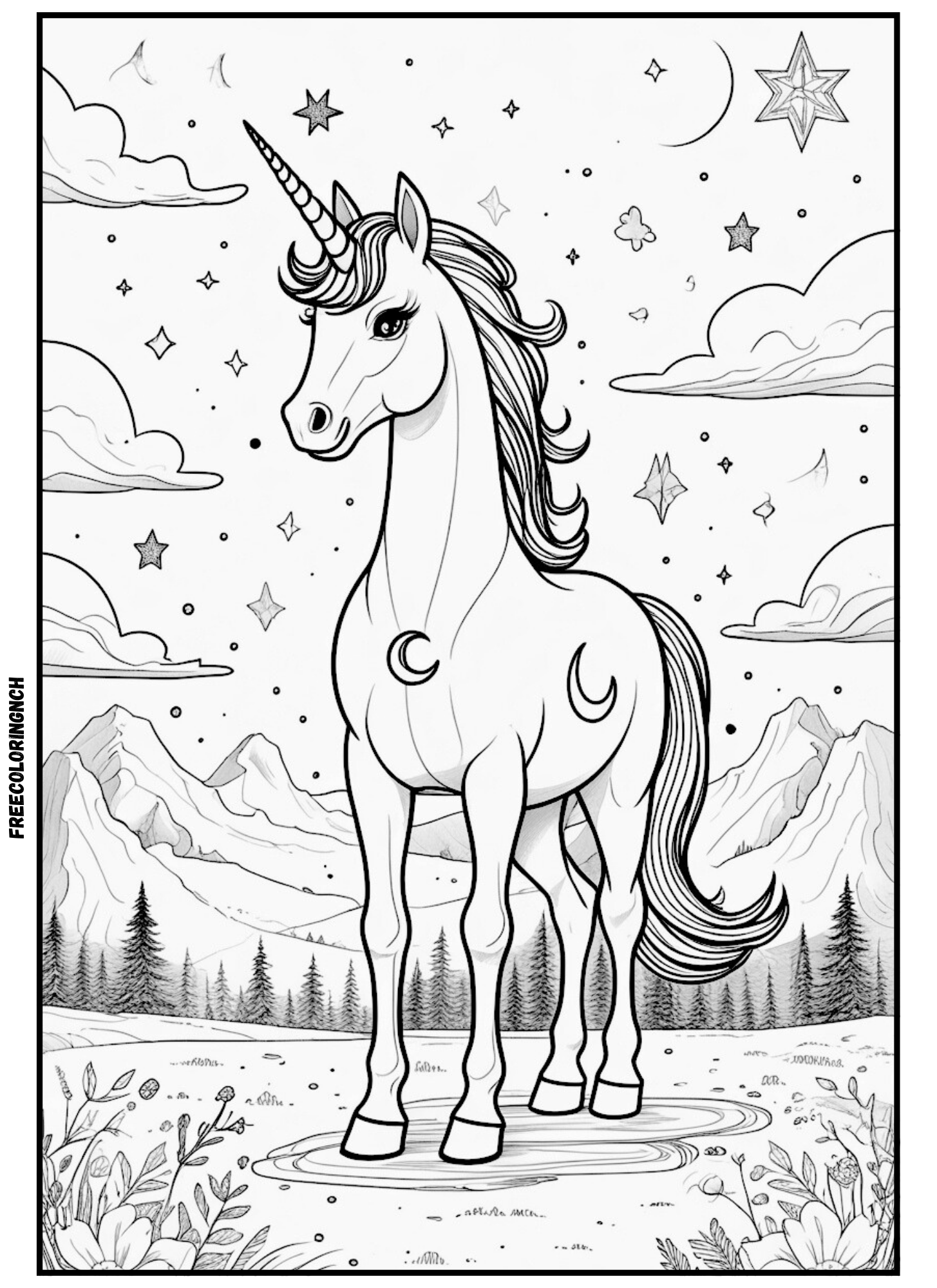 Front Facing Unicorn with Moon Symbol Coloring Page