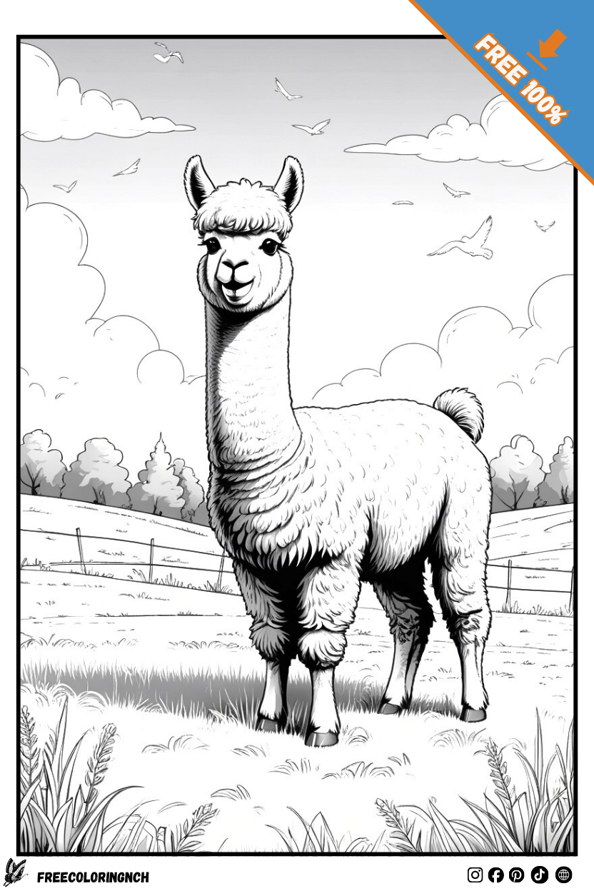 Happy Alpaca farm animals coloring pages printable for kids