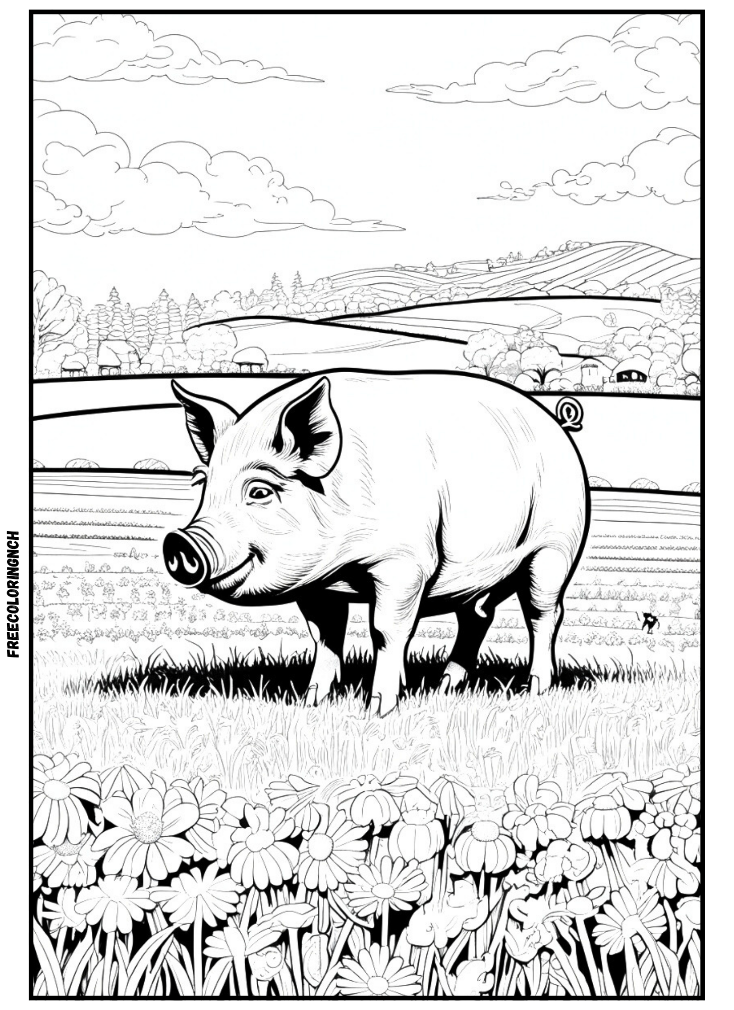 Grazing Pig farm animals coloring pages printable for kids