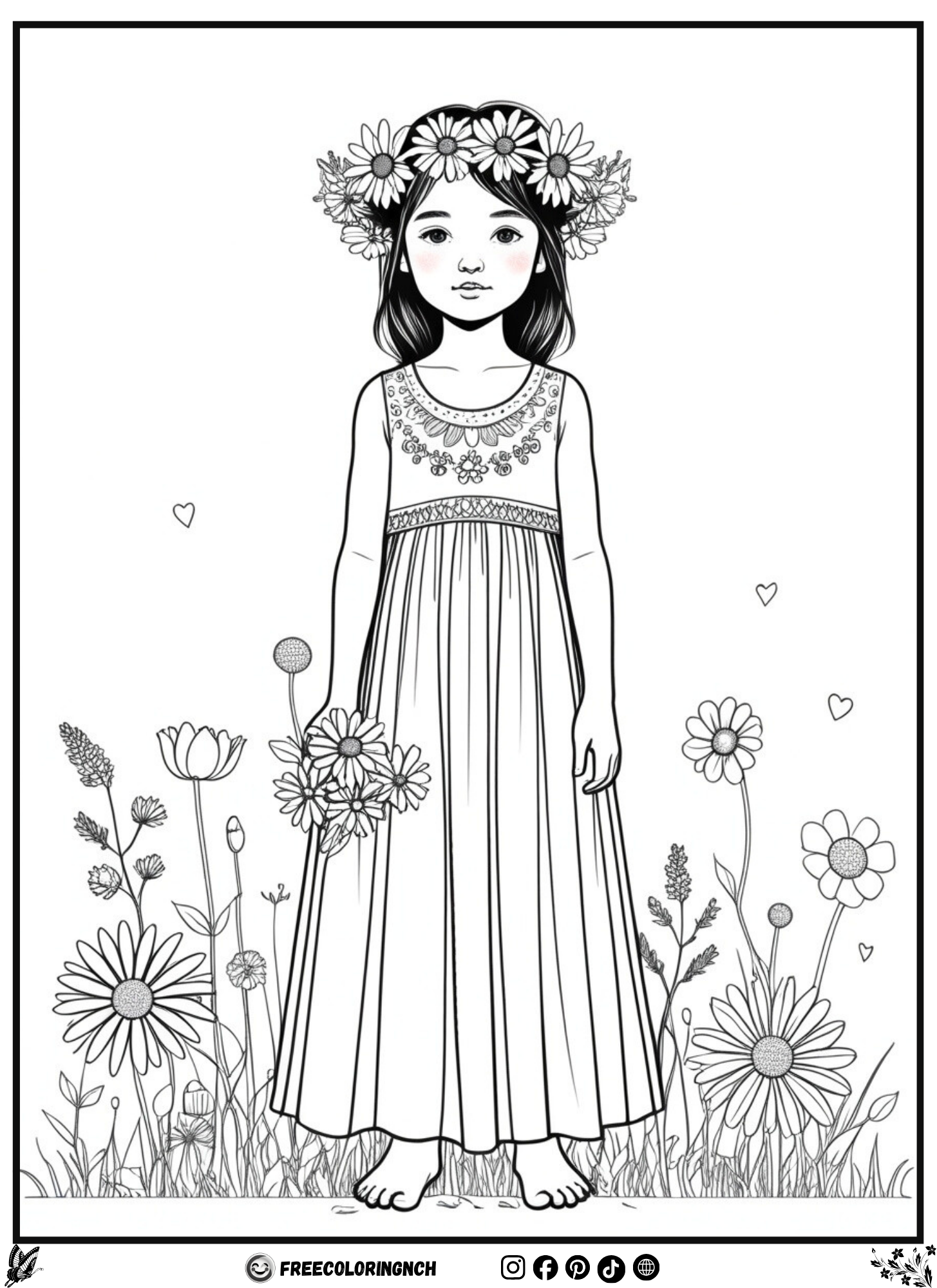 Free flower coloring pages - Wildflower Crown Girl printable