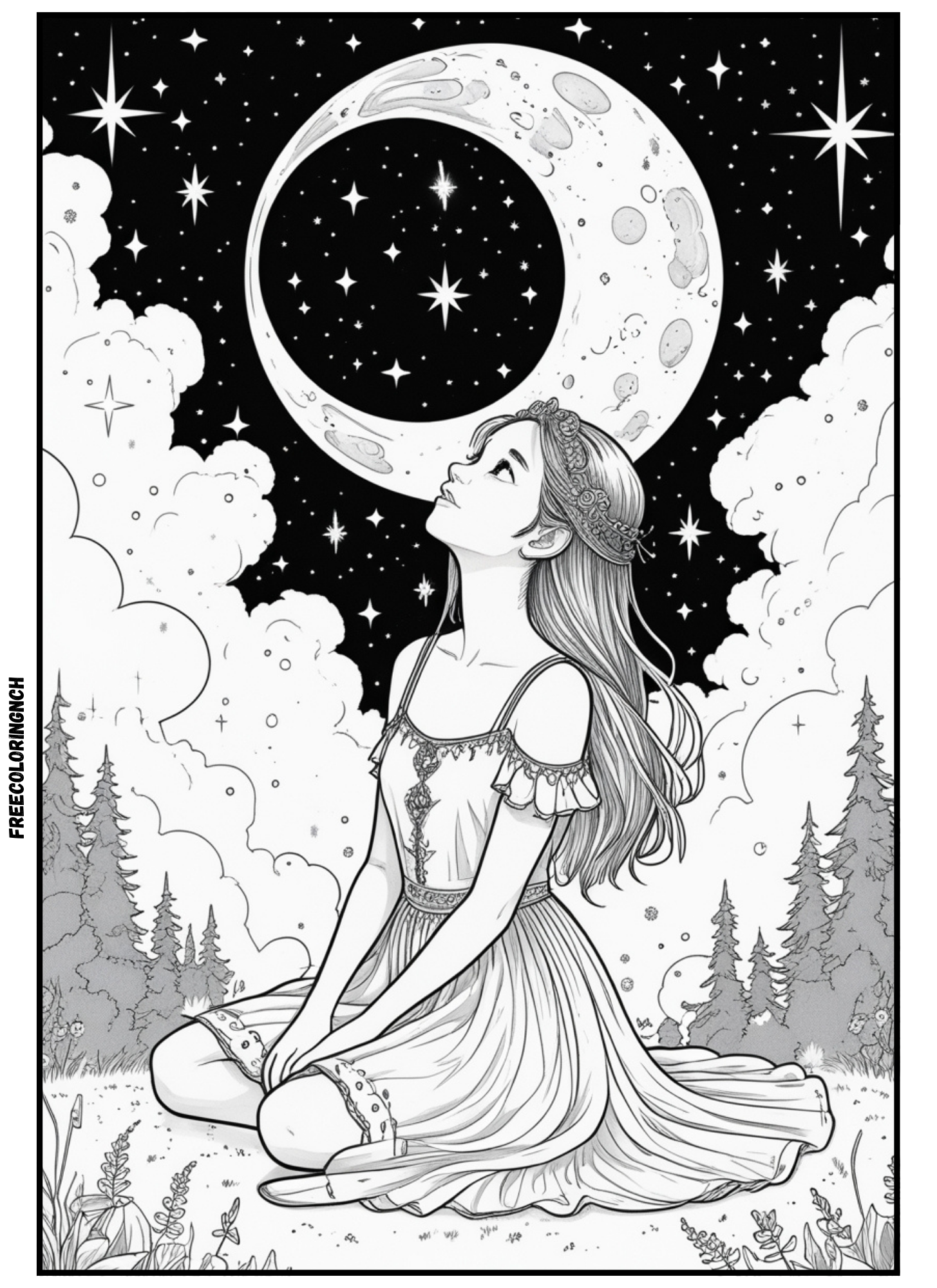 Free printable cute moon girl coloring page for kids calm night theme