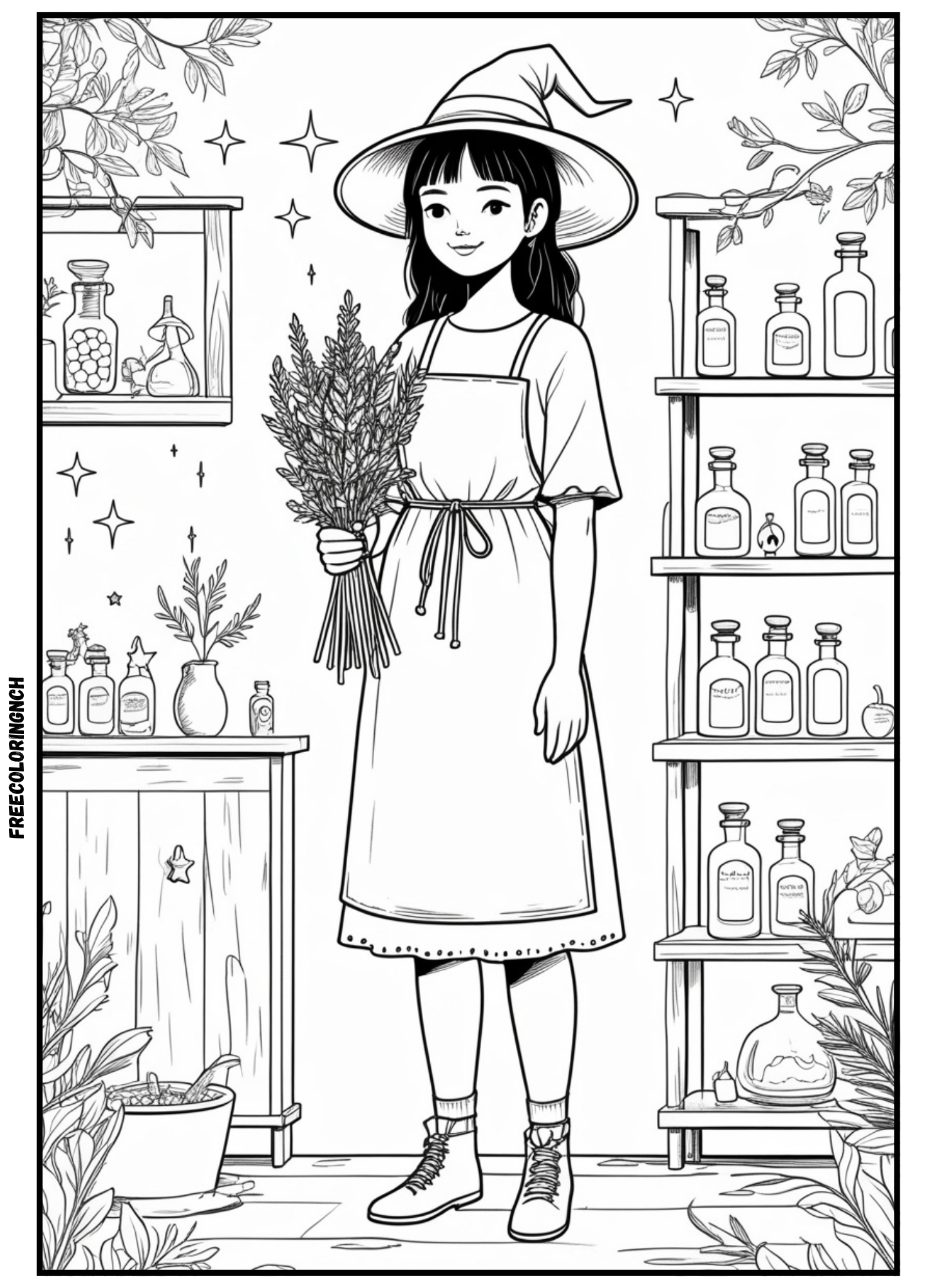 Free printable cute herbal nature girl coloring page minimalist theme for kids
