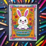 Bunny in a Basket coloring page fully colored – adorable bunny coloring sheets for kids