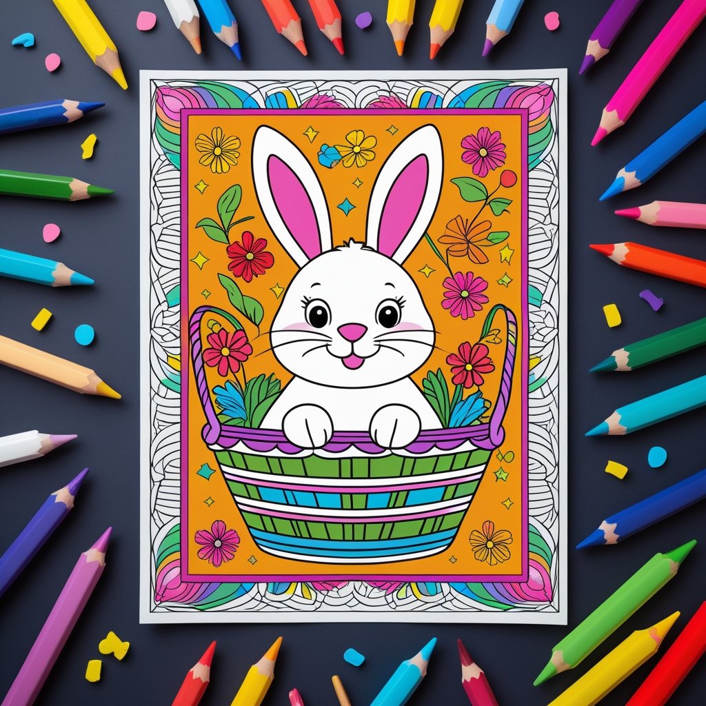 Bunny in a Basket coloring page fully colored – adorable bunny coloring sheets for kids